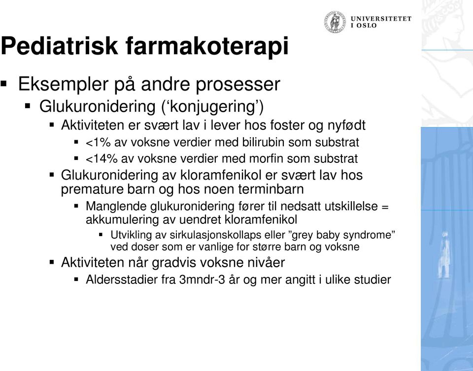 terminbarn Manglende glukuronidering fører til nedsatt utskillelse = akkumulering av uendret kloramfenikol Utvikling av sirkulasjonskollaps eller