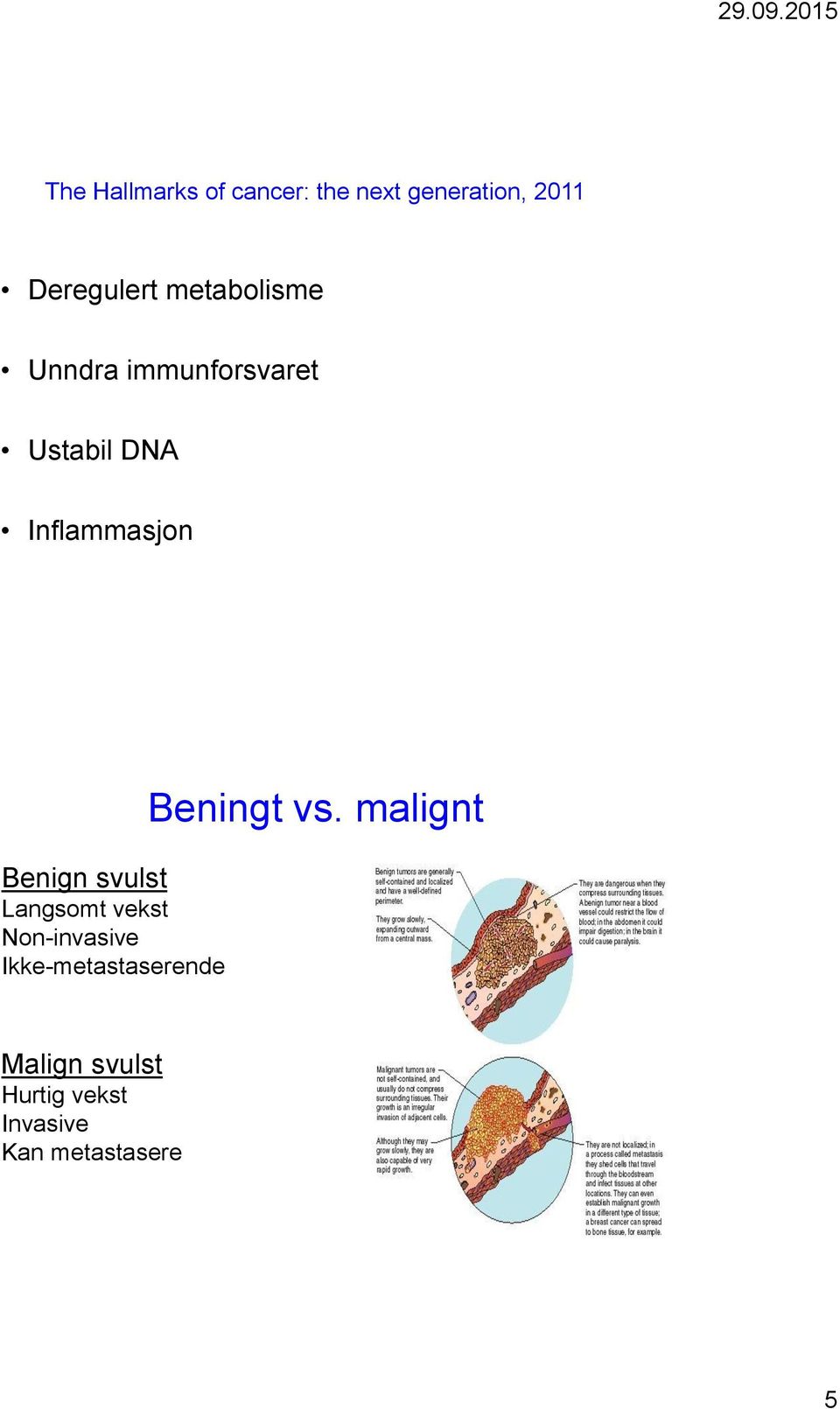 Benign svulst Langsomt vekst Non-invasive Ikke-metastaserende