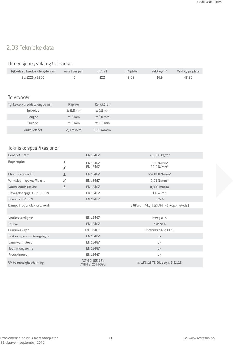 1,00 mm/m Tekniske spesifikasjoner Densitet tørr EN 12467 > 1.580 kg/m³ Bøyestyrke EN 12467 EN 12467 32,0 N/mm² 22,0 N/mm² Elastisitetsmodul EN 12467 >14.