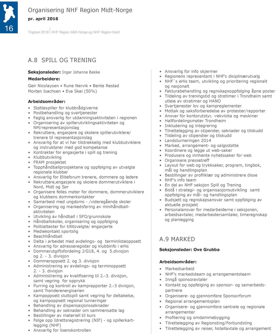 Postbehandling og svartjenester Faglig ansvarlig for utdanningsaktiviteten i regionen Organisering av spillerutviklingsaktiviteten og NM/representasjonslag Rekruttere, engasjere og skolere