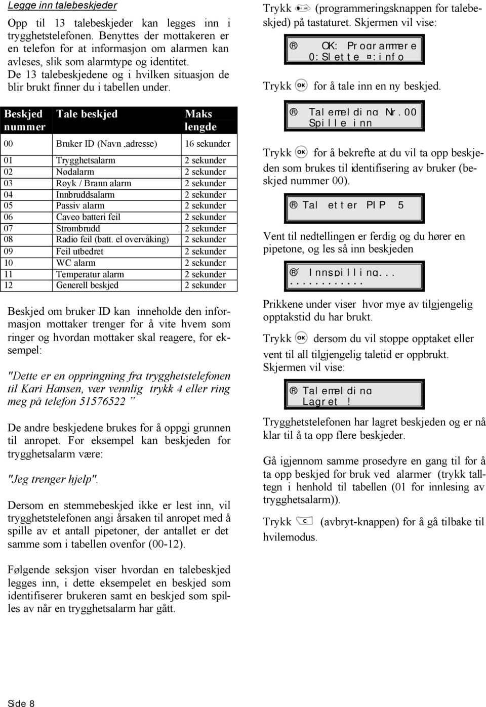 Beskjed nummer Tale beskjed Maks lengde 00 Bruker ID (Navn,adresse) 16 sekunder 01 Trygghetsalarm 2 sekunder 02 Nødalarm 2 sekunder 03 Røyk / Brann alarm 2 sekunder 04 Innbruddsalarm 2 sekunder 05