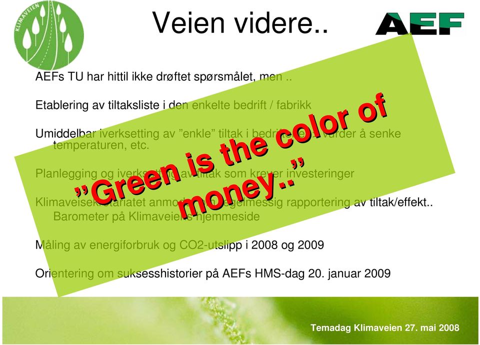 temperaturen, etc. Planlegging og iverksetting av tiltak som krever investeringer Green is the color of money.