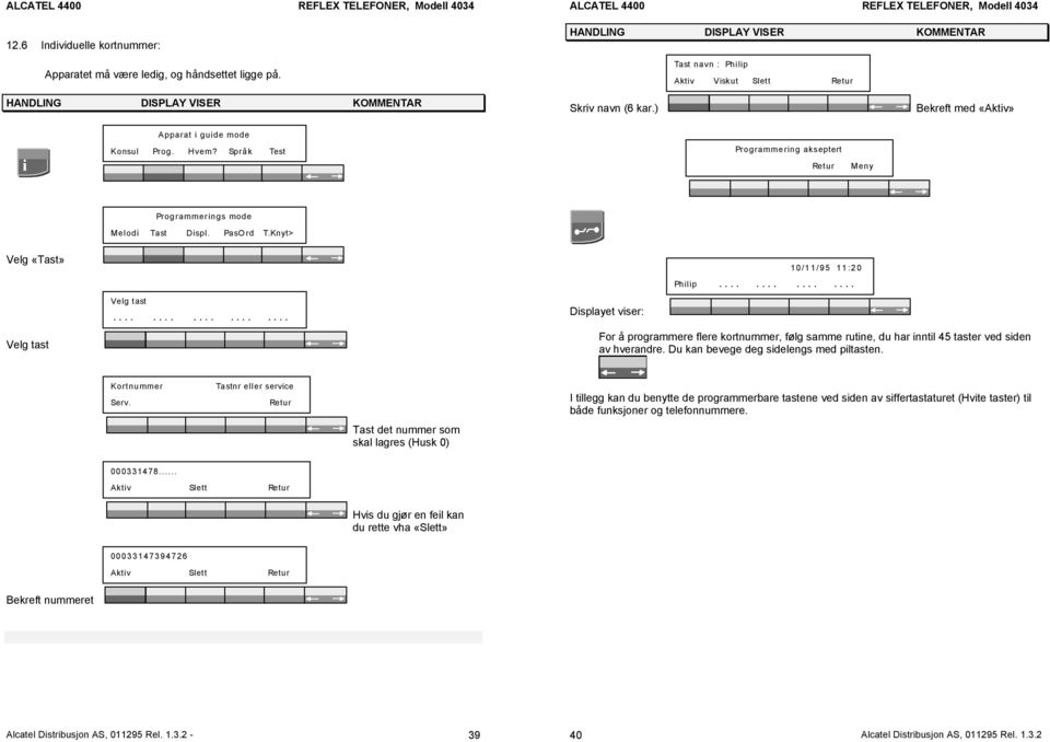 Språk Test Programmering akseptert Retur Meny Programmerings mode Melodi Tast Displ. PasOrd T.Knyt> «Tast» tast tast.................... Displayet viser: 10/11/95 11:20 Philip.