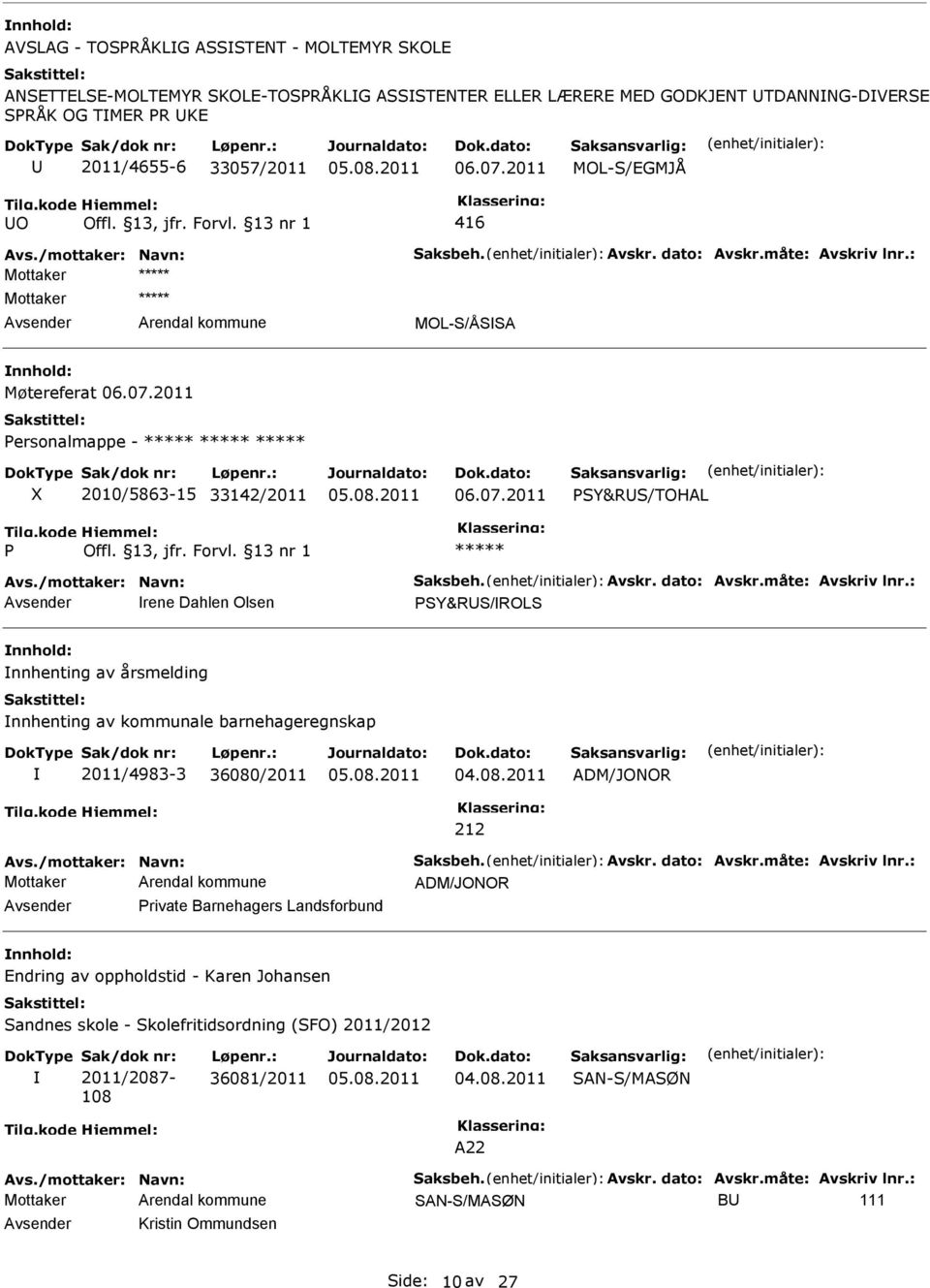 : MOL-S/ÅSSA Møtereferat 06.07.2011 Personalmappe - X 2010/5863-15 33142/2011 06.07.2011 PSY&RS/TOHAL P Avs.