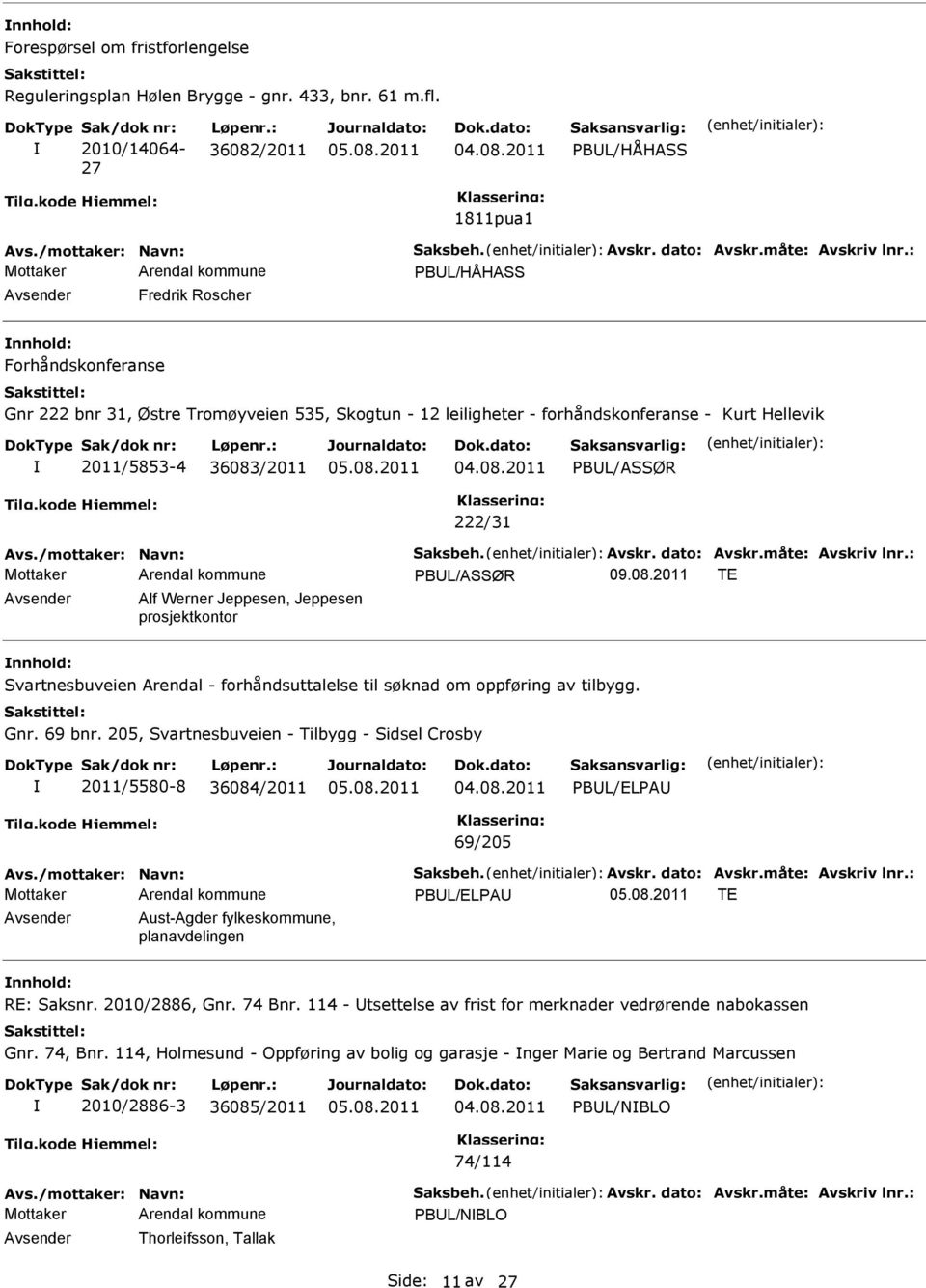 /mottaker: Navn: Saksbeh. Avskr. dato: Avskr.måte: Avskriv lnr.: PBL/ASSØR 09.08.