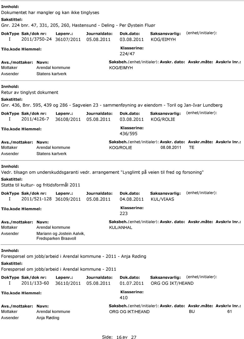 595, 439 og 286 - Sagveien 23 - sammenføyning av eiendom - Toril og Jan-var Lundberg 2011/4126-7 36108/2011 03.08.2011 KOG/ROL 436/595 Avs./mottaker: Navn: Saksbeh. Avskr. dato: Avskr.