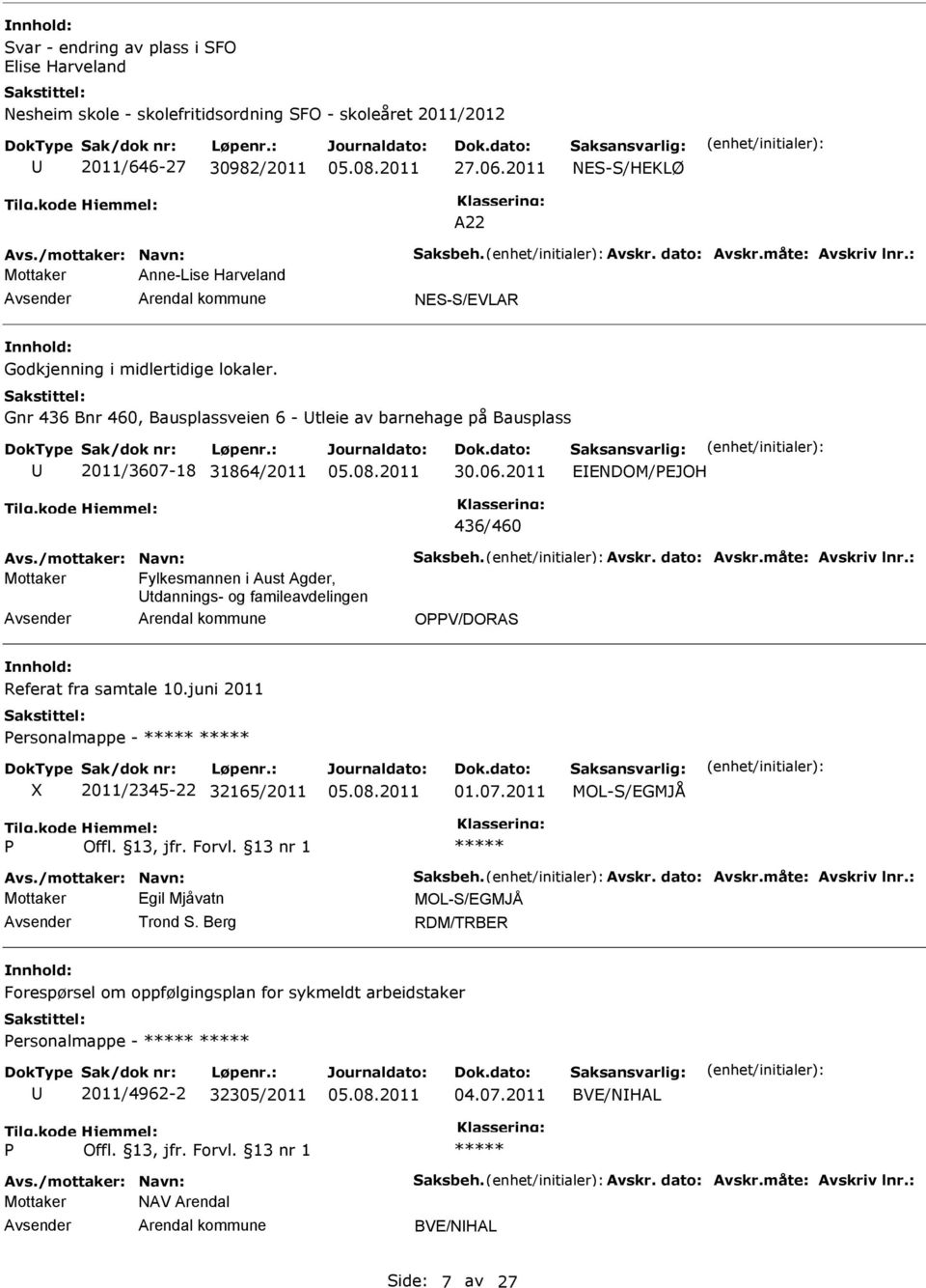 2011 NDOM/PJOH 436/460 Avs./mottaker: Navn: Saksbeh. Avskr. dato: Avskr.måte: Avskriv lnr.: Fylkesmannen i Aust Agder, tdannings- og famileavdelingen OPPV/DORAS Referat fra samtale 10.