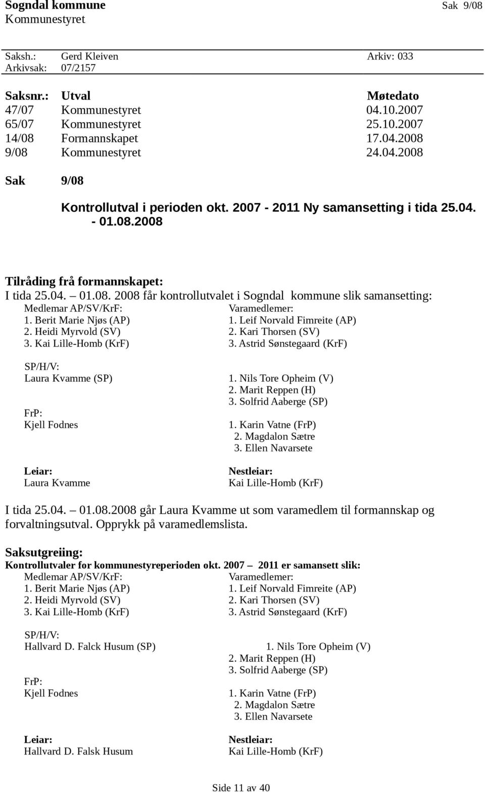 Berit Marie Njøs (AP) 1. Leif Norvald Fimreite (AP) 2. Heidi Myrvold (SV) 2. Kari Thorsen (SV) 3. Kai Lille-Homb (KrF) 3.