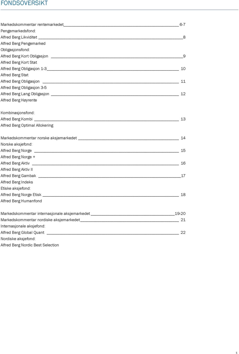 Allokering Markedskommentar norske aksjemarkedet 14 Norske aksjefond: Alfred Berg Norge 15 Alfred Berg Norge + Alfred Berg Aktiv 16 Alfred Berg Aktiv II Alfred Berg Gambak 17 Alfred Berg Indeks