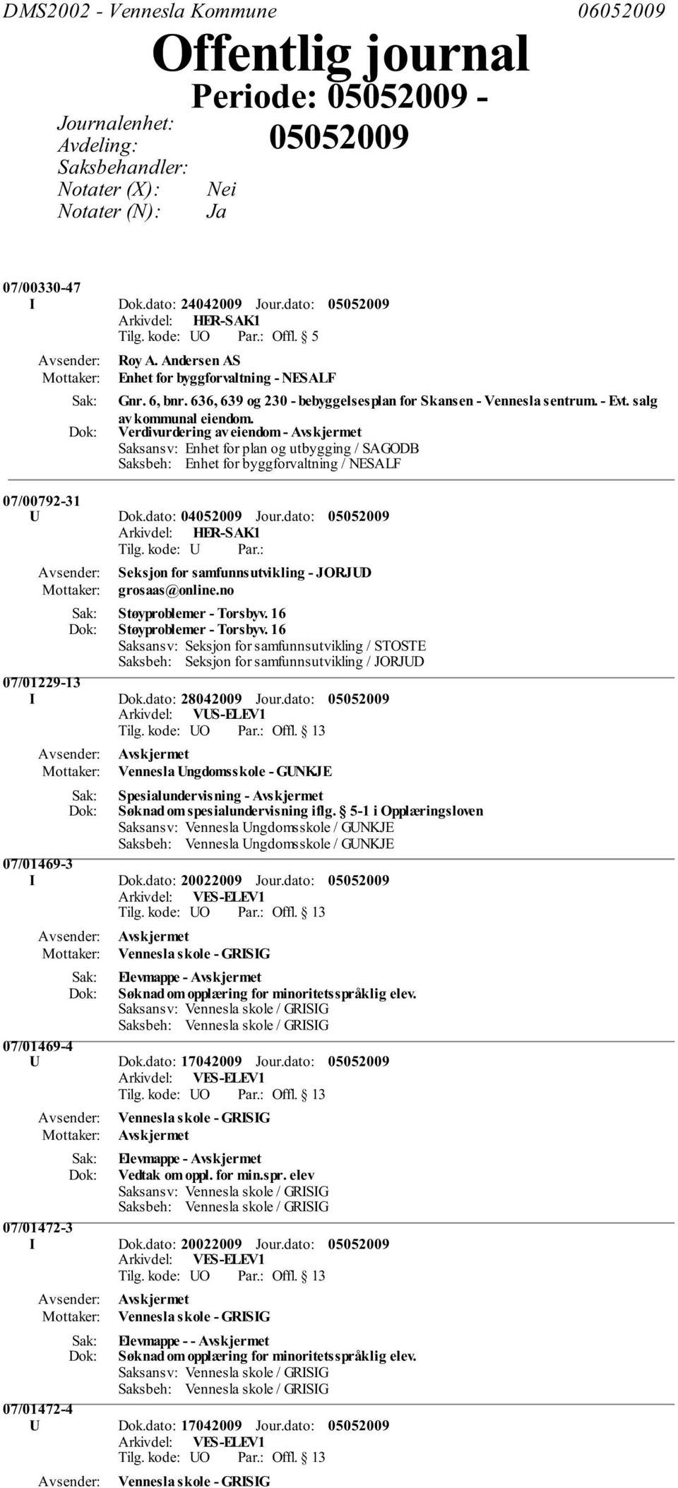 Verdivurdering av eiendom - Avskjermet Saksansv: Enhet for plan og utbygging / SAGODB Saksbeh: Enhet for byggforvaltning / NESALF 07/00792-31 U Dok.dato: 04052009 Jour.