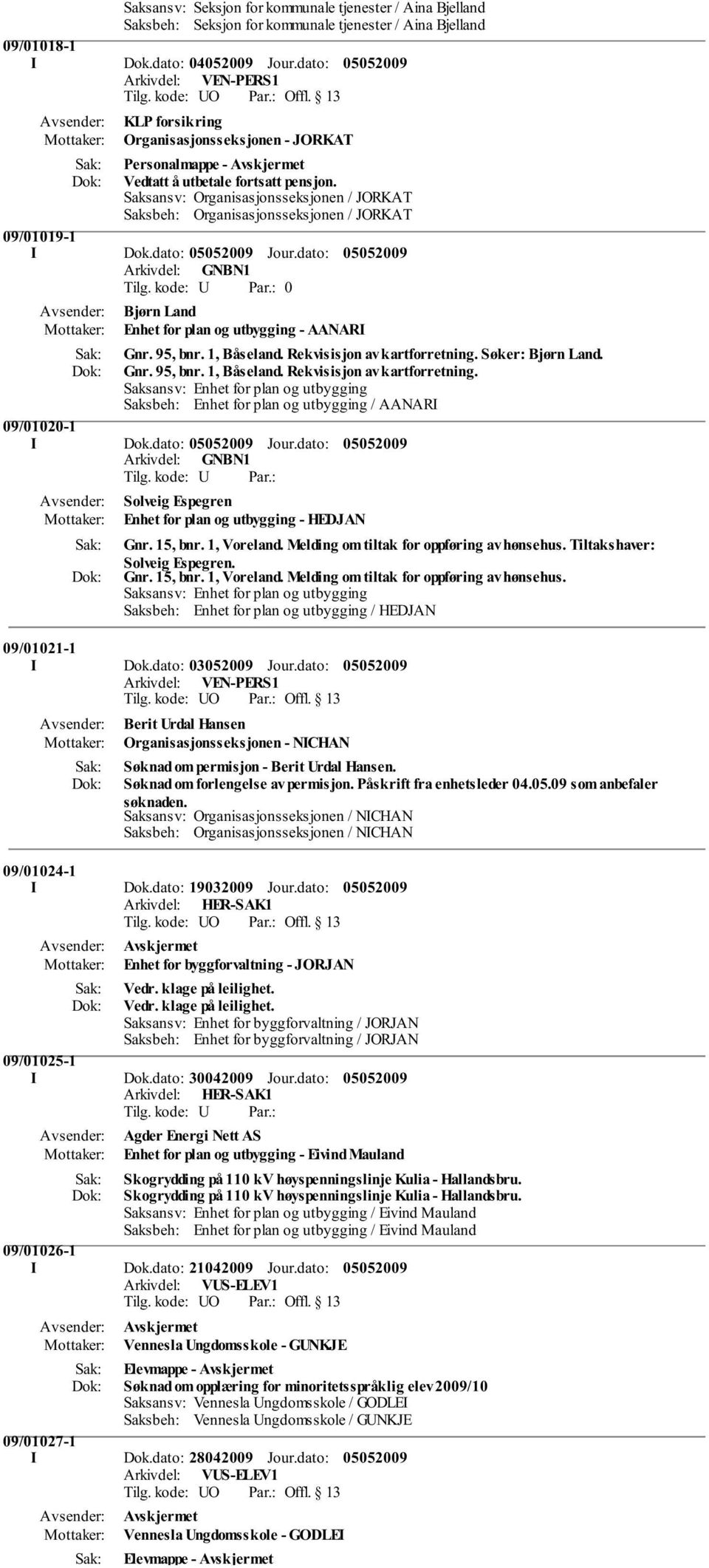 Saksansv: Organisasjonsseksjonen / JORKAT Saksbeh: Organisasjonsseksjonen / JORKAT 09/01019-1 I Dok.dato: Jour.dato: Arkivdel: GNBN1 0 Bjørn Land Enhet for plan og utbygging - AANARI Gnr. 95, bnr.