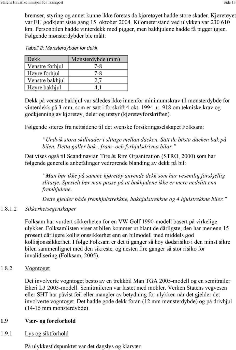 Dekk på venstre bakhjul var således ikke innenfor minimumskrav til mønsterdybde for vinterdekk på 3 mm, som er satt i forskrift 4 okt. 1994 nr.