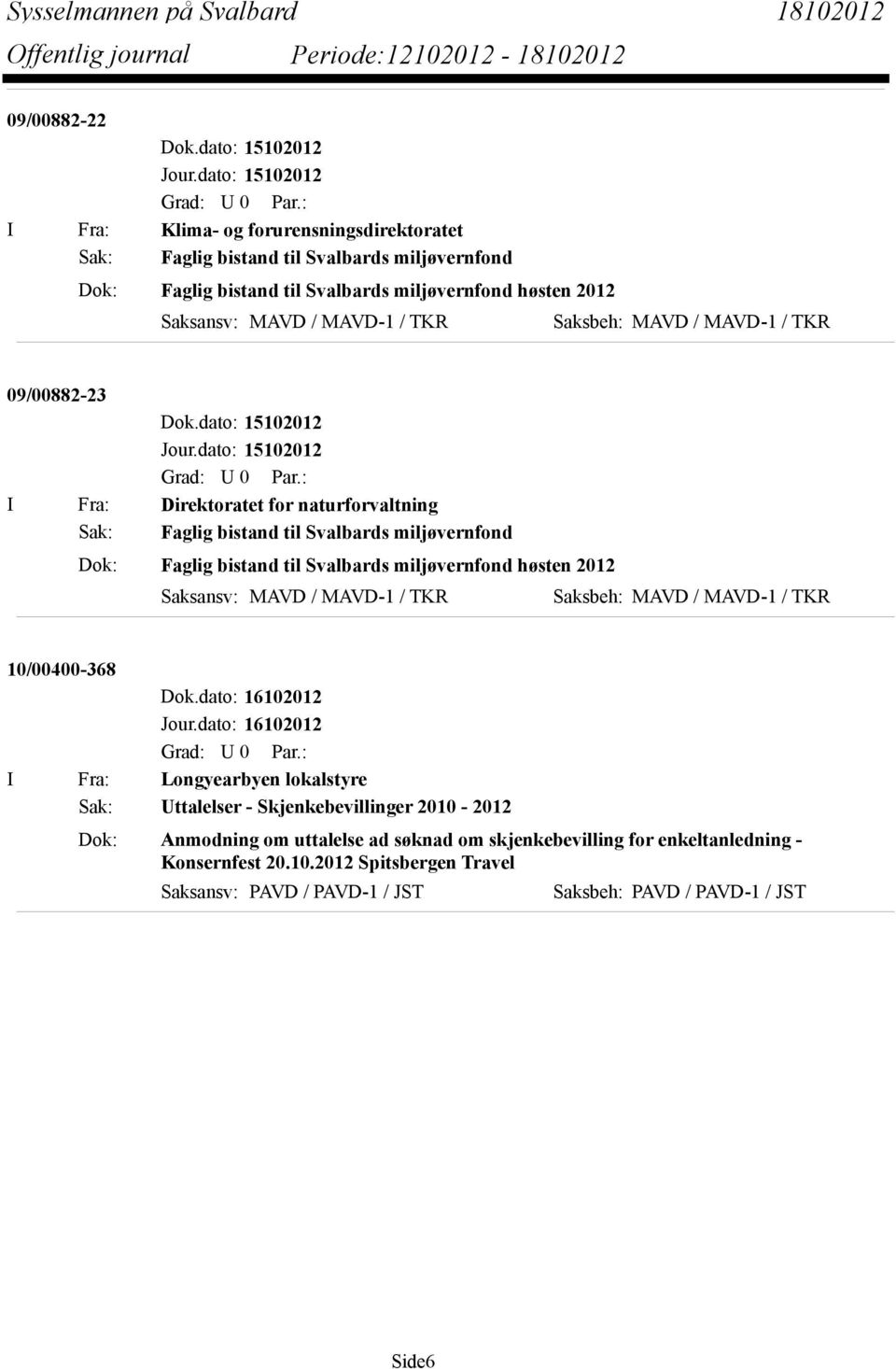 miljøvernfond høsten 2012 Saksansv: MAVD / MAVD-1 / TKR Saksbeh: MAVD / MAVD-1 / TKR 10/00400-368 Dok.