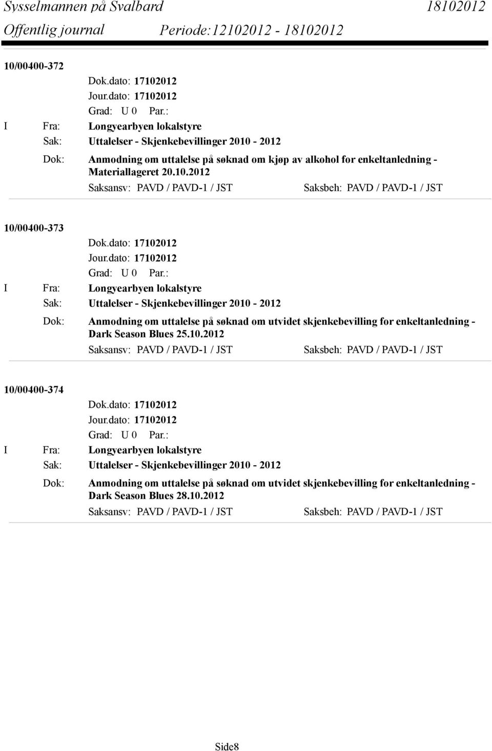 dato: 17102012 I Fra: Longyearbyen lokalstyre Sak: Uttalelser - Skjenkebevillinger 2010-2012 Dok: Anmodning om uttalelse på søknad om utvidet skjenkebevilling for enkeltanledning - Dark Season Blues