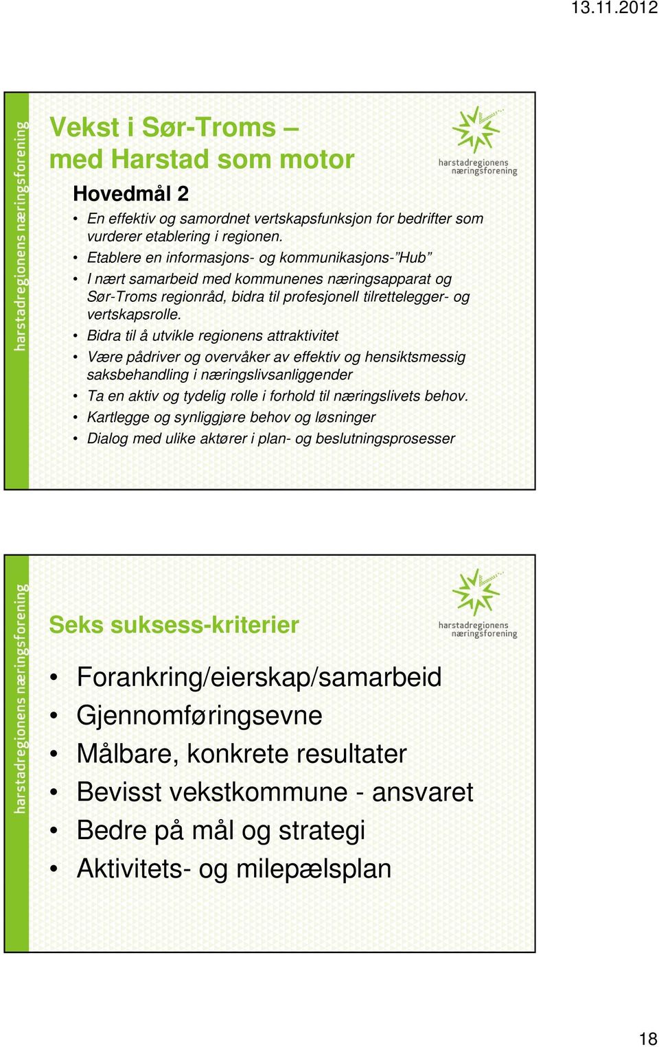 Bidra til å utvikle regionens attraktivitet Være pådriver og overvåker av effektiv og hensiktsmessig saksbehandling i næringslivsanliggender Ta en aktiv og tydelig rolle i forhold til næringslivets