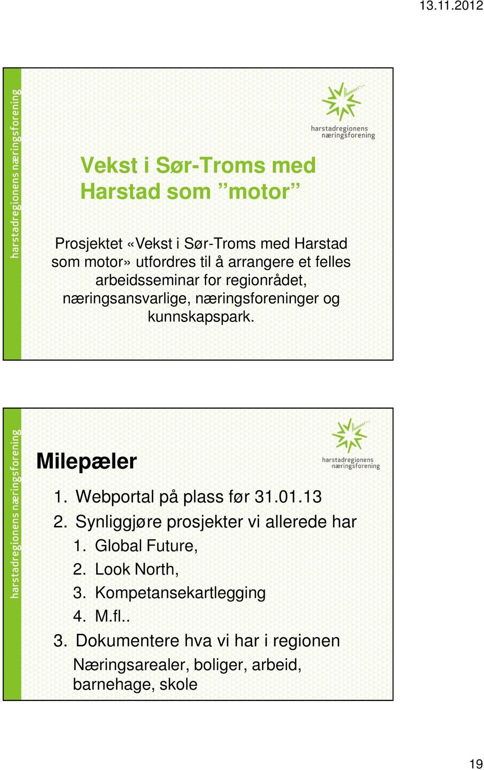 Milepæler 1. Webportal på plass før 31.01.13 2. Synliggjøre prosjekter vi allerede har 1. Global Future, 2.