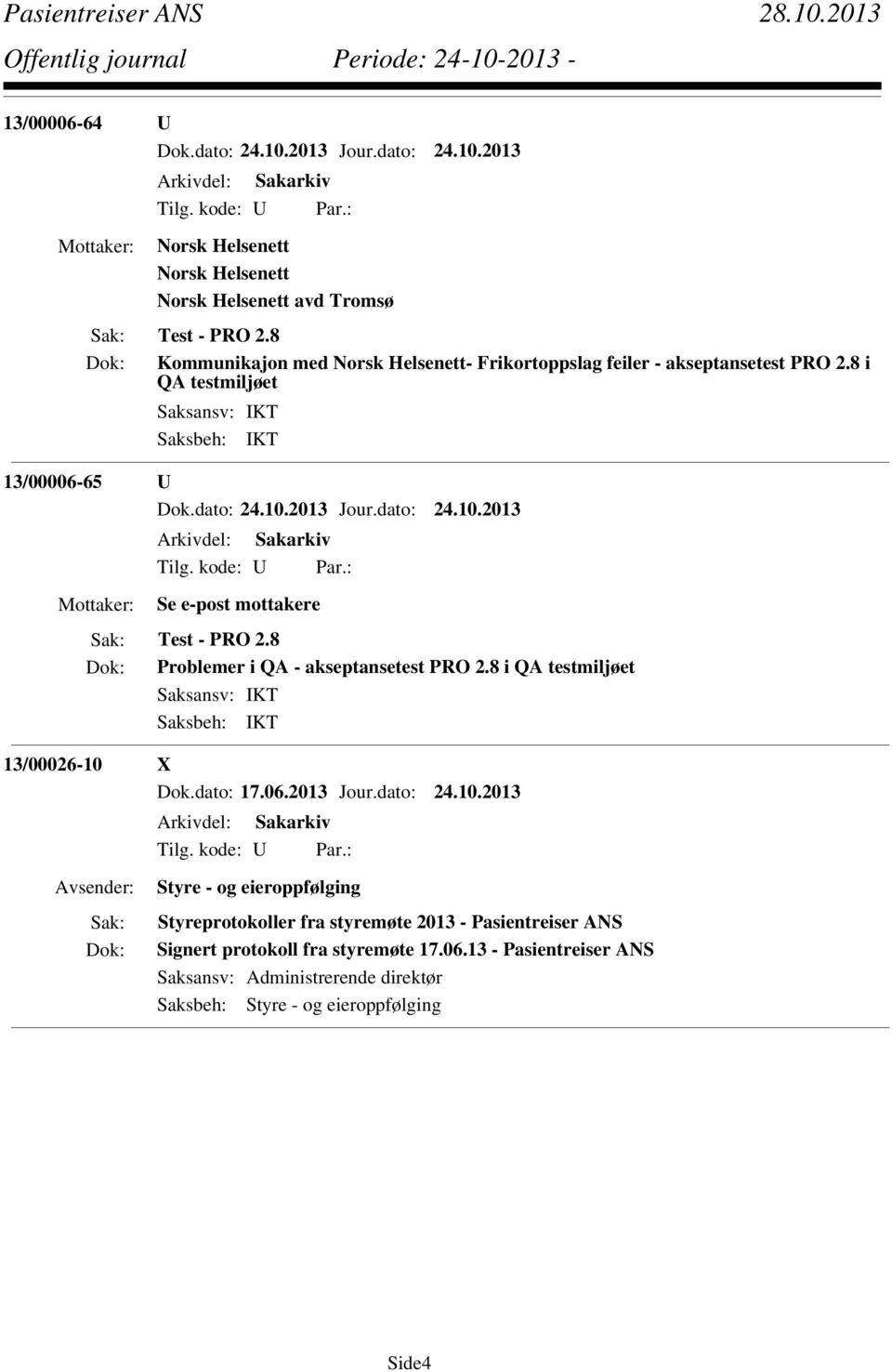 8 i QA testmiljøet Saksansv: IKT 13/00006-65 U Se e-post mottakere Test - PRO 2.8 Problemer i QA - akseptansetest PRO 2.