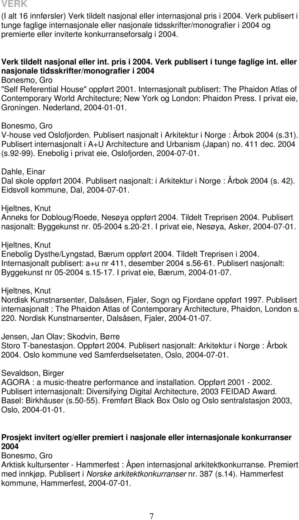 Verk publisert i tunge faglige int. eller nasjonale tidsskrifter/monografier i 2004 Bonesmo, Gro "Self Referential House" oppført 2001.