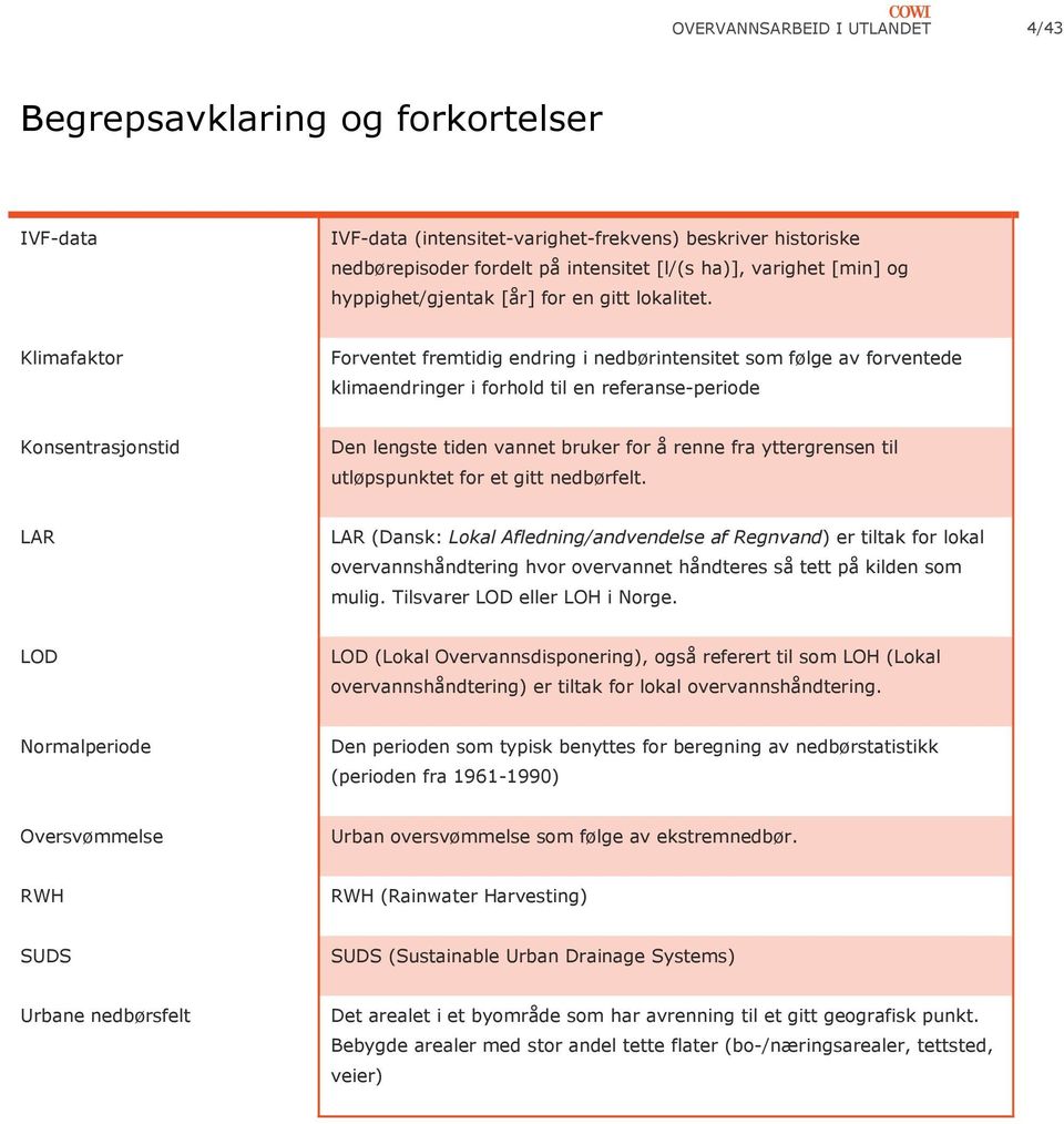 Klimafaktor Forventet fremtidig endring i nedbørintensitet som følge av forventede klimaendringer i forhold til en referanse-periode Konsentrasjonstid Den lengste tiden vannet bruker for å renne fra