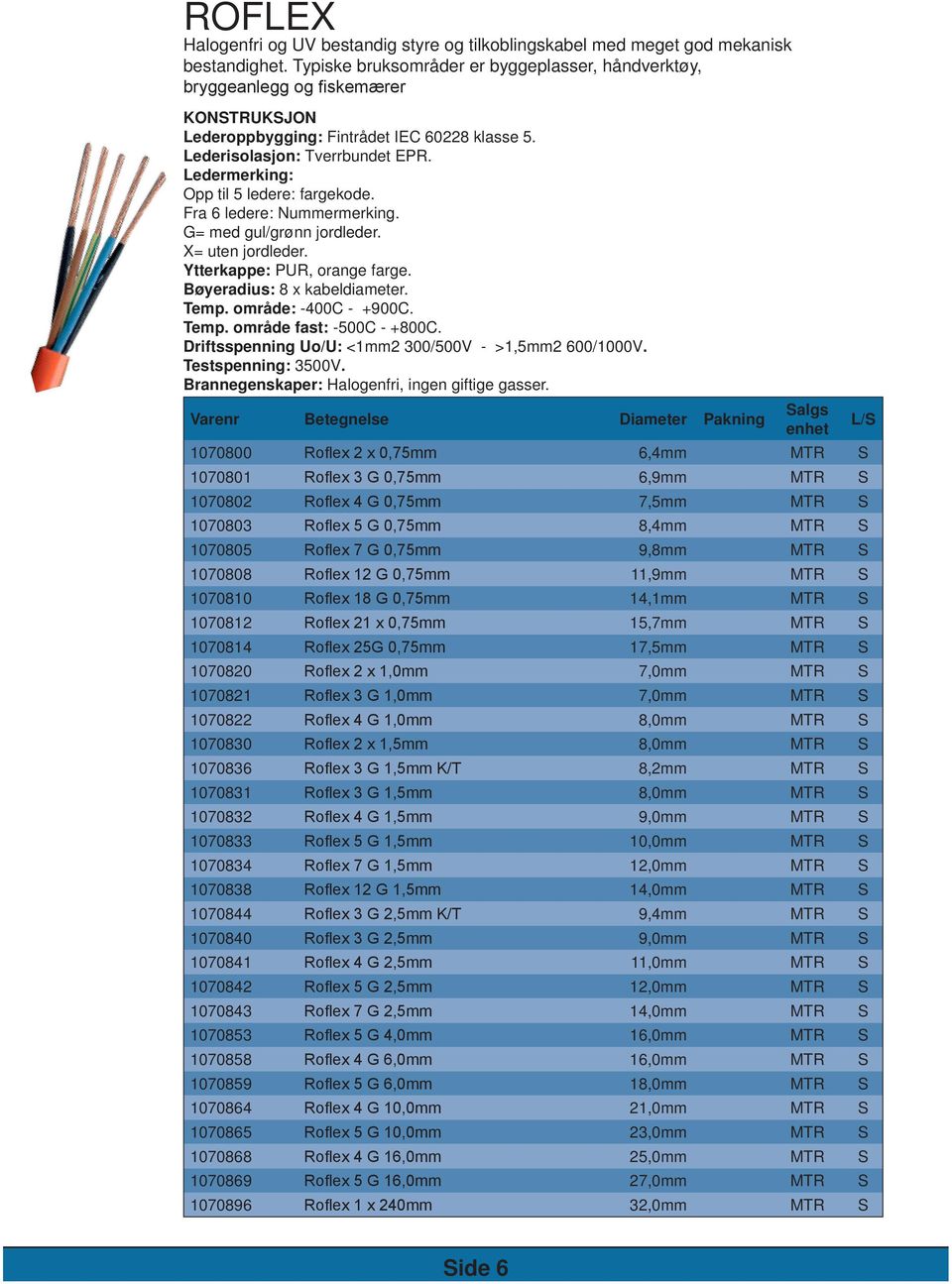 Ledermerking: Opp til 5 ledere: fargekode. Fra 6 ledere: Nummermerking. G= med gul/grønn jordleder. X= uten jordleder. Ytterkappe: PUR, orange farge. Bøyeradius: 8 x kabeldiameter. Temp.