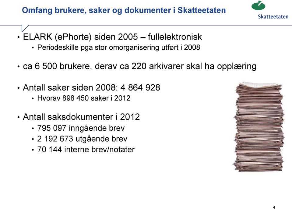 skal ha opplæring Antall saker siden 2008: 4 864 928 Hvorav 898 450 saker i 2012 Antall