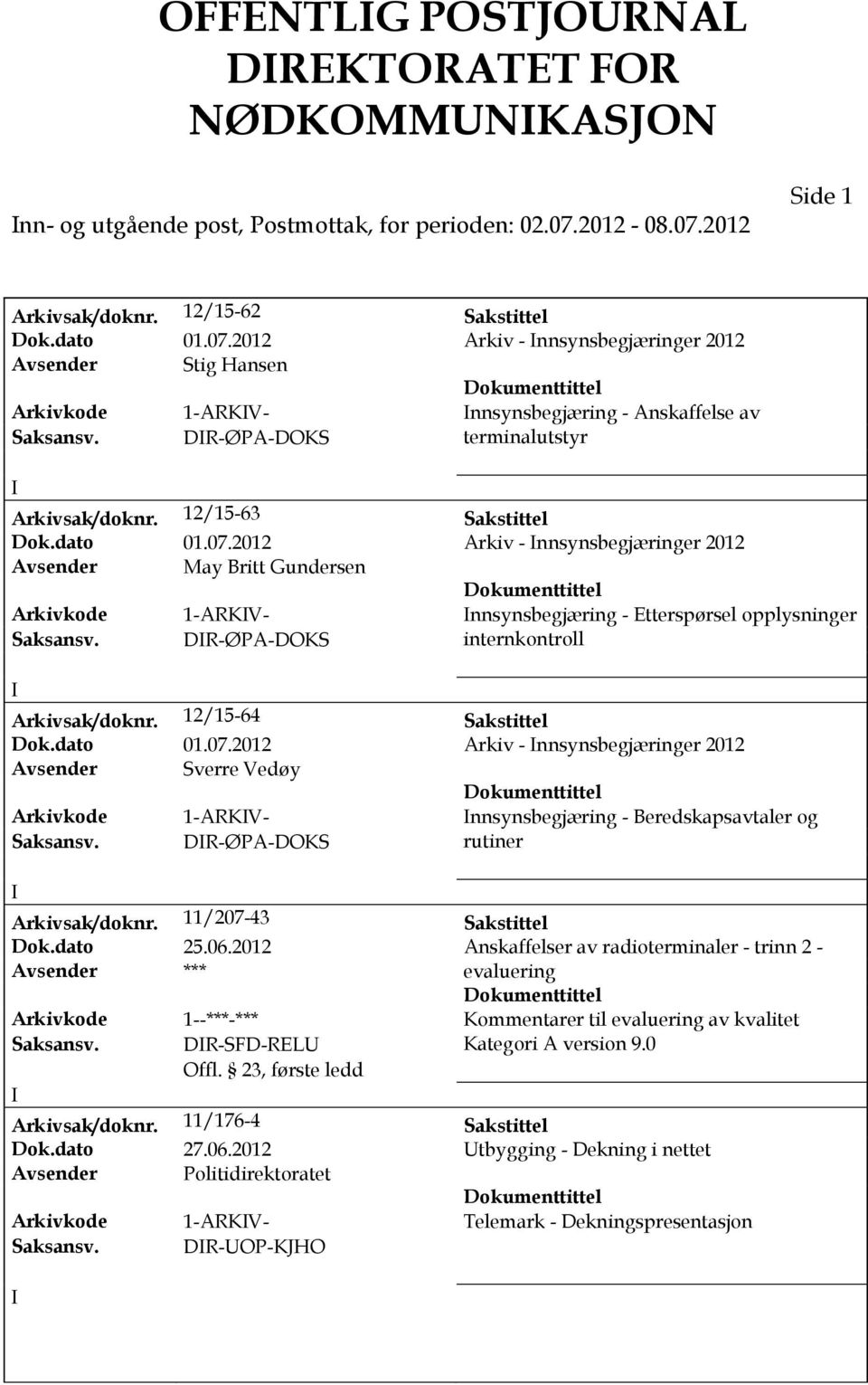 DR-ØPA-DOKS terminalutstyr Arkivsak/doknr. 12/15-63 Sakstittel Dok.dato 01.07.