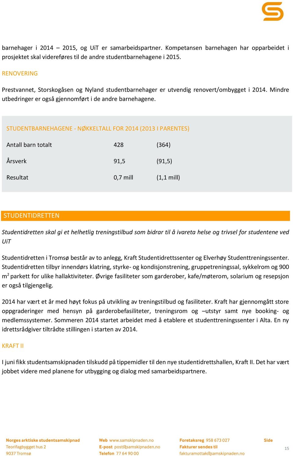 STUDENTBARNEHAGENE - NØKKELTALL FOR 2014 (2013 I PARENTES) Antall barn totalt 428 (364) Årsverk 91,5 (91,5) Resultat 0,7 mill (1,1 mill) STUDENTIDRETTEN Studentidretten skal gi et helhetlig