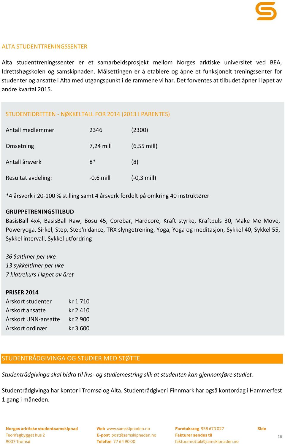 STUDENTIDRETTEN - NØKKELTALL FOR 2014 (2013 I PARENTES) Antall medlemmer 2346 (2300) Omsetning 7,24 mill (6,55 mill) Antall årsverk 8* (8) Resultat avdeling: -0,6 mill (-0,3 mill) *4 årsverk i 20-100