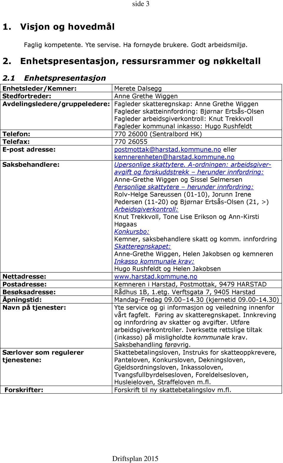 Fagleder arbeidsgiverkontroll: Knut Trekkvoll Fagleder kommunal inkasso: Hugo Rushfeldt Telefon: 770 26000 (Sentralbord HK) Telefax: 770 26055 E-post adresse: postmottak@harstad.kommune.