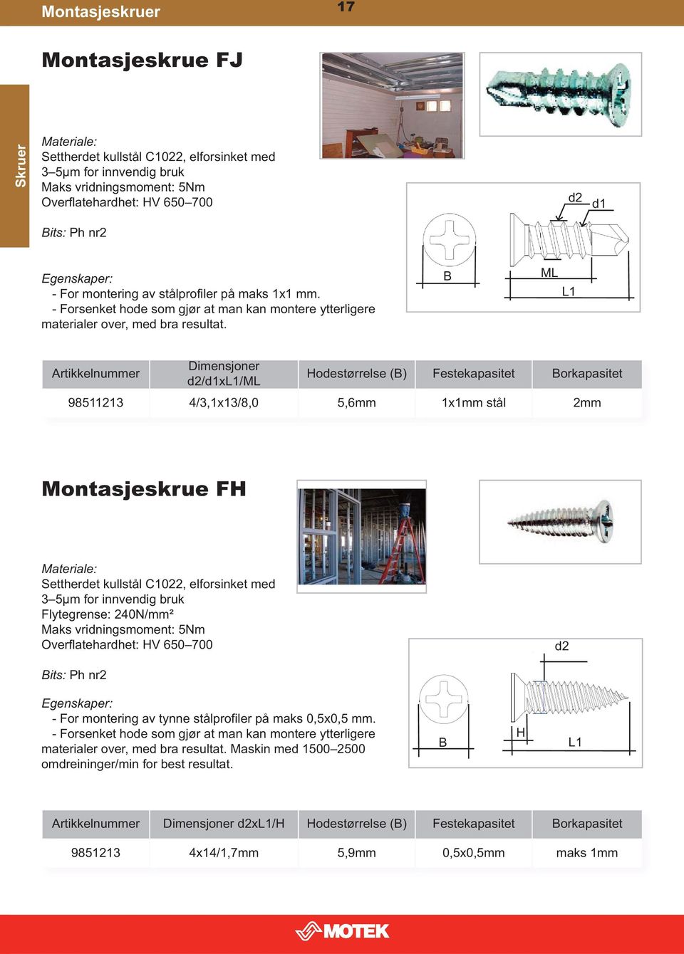 B ML L1 Artikkelnummer Dimensjoner d2/d1xl1/ml Hodestørrelse (B) Festekapasitet Borkapasitet 98511213 4/3,1x13/8,0 5,6mm 1x1mm stål 2mm Montasjeskrue FH Settherdet kullstål C1022, elforsinket med 3