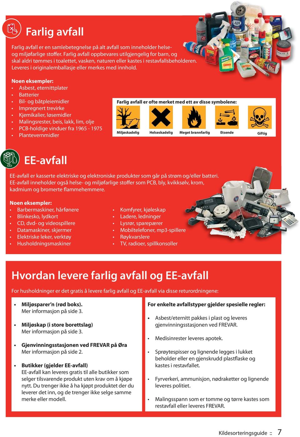 Noen eksempler: Asbest, eternittplater Batterier Bil- og båtpleiemidler Impregnert trevirke Kjemikalier, løsemidler Malingsrester, beis, lakk, lim, olje PCB-holdige vinduer fra 1965-1975