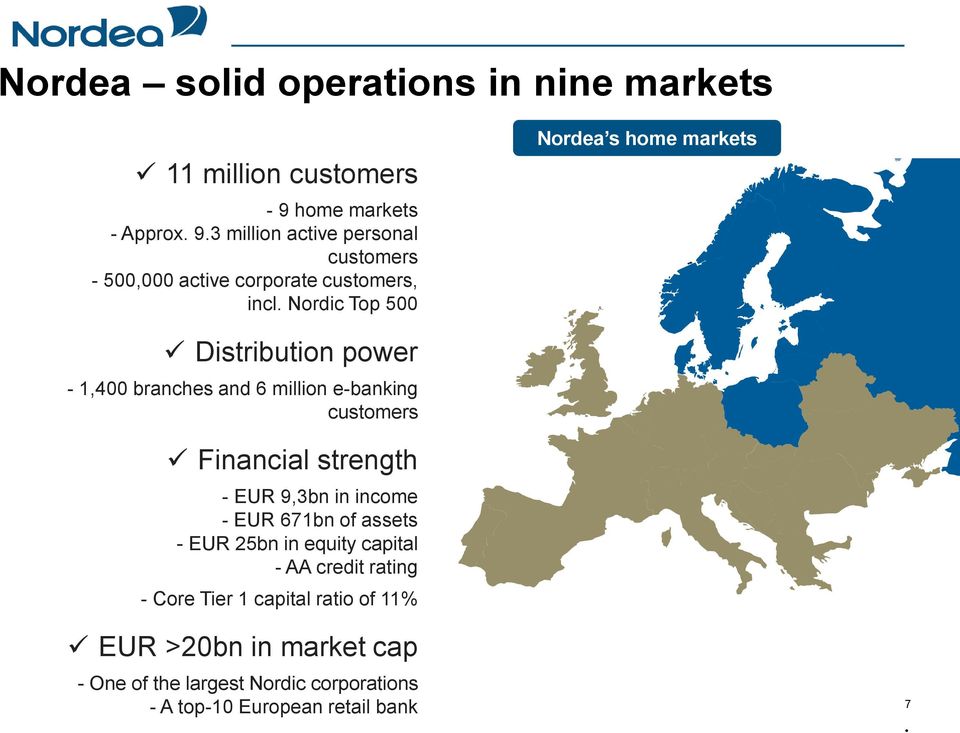 Nordic Top 500 Nordea s home markets Distribution power - 1,400 branches and 6 million e-banking customers Financial strength -