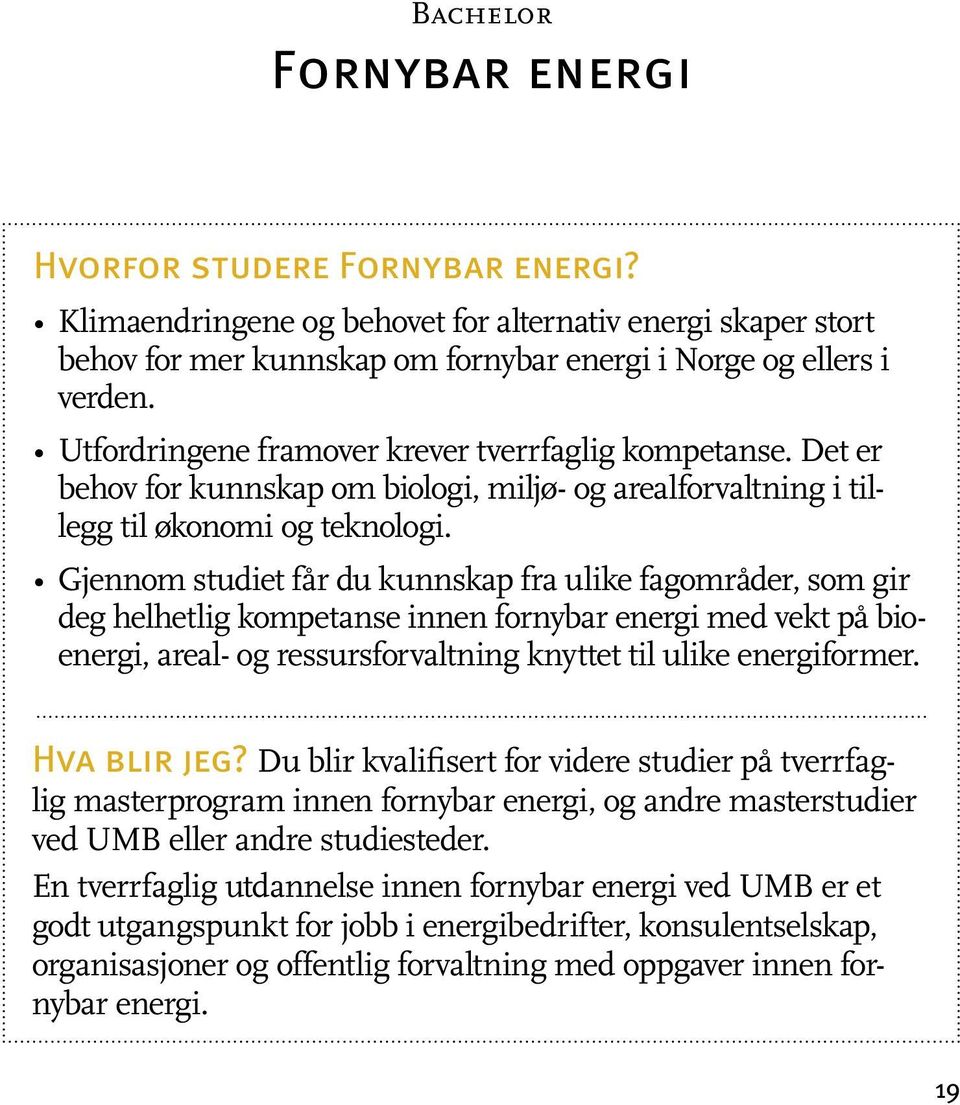 Gjennom studiet får du kunnskap fra ulike fagområder, som gir deg helhetlig kompetanse innen fornybar energi med vekt på bioenergi, areal- og ressursforvaltning knyttet til ulike energiformer.