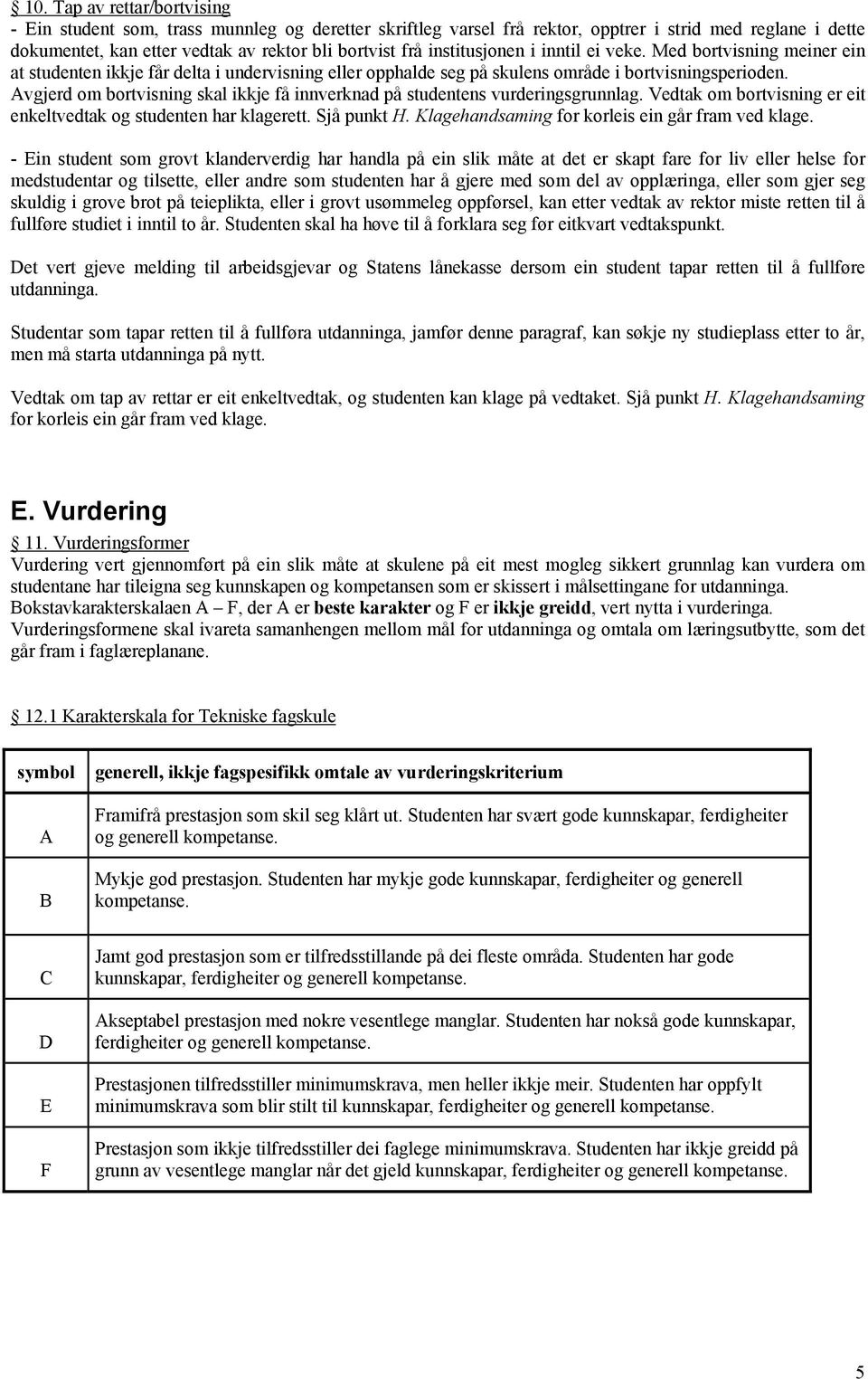 Avgjerd om bortvisning skal ikkje få innverknad på studentens vurderingsgrunnlag. Vedtak om bortvisning er eit enkeltvedtak og studenten har klagerett. Sjå punkt H.