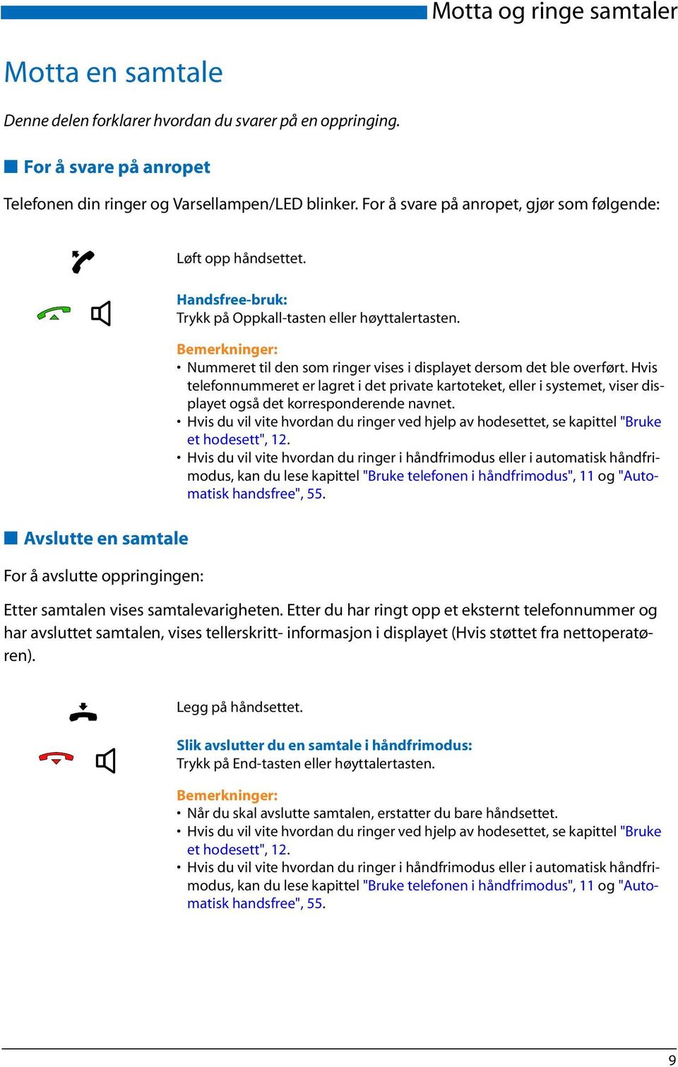 Bemerkninger: Nummeret til den som ringer vises i displayet dersom det ble overført.