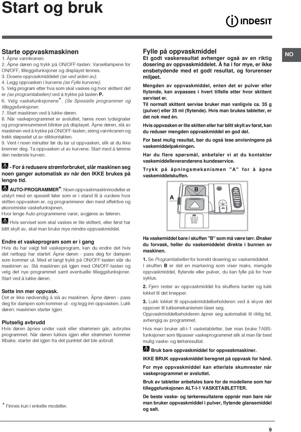 Velg program etter hva som skal vaskes og hvor skittent det er (se programtabellen) ved å trykke på tasten P. 6. Velg vaskefunksjonene*. (Se Spesielle programmer og tilleggsfunksjoner. 7.