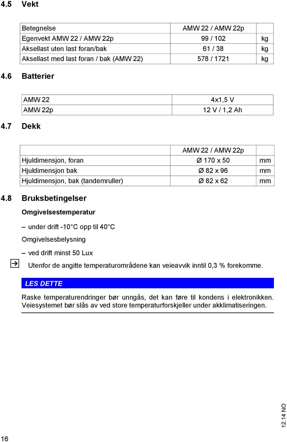 8 Bruksbetingelser AMW 22 / AMW 22p Hjuldimensjon, foran Ø 170 x 50 mm Hjuldimensjon bak Ø 82 x 96 mm Hjuldimensjon, bak (tandemruller) Ø 82 x 62 mm Omgivelsestemperatur under drift