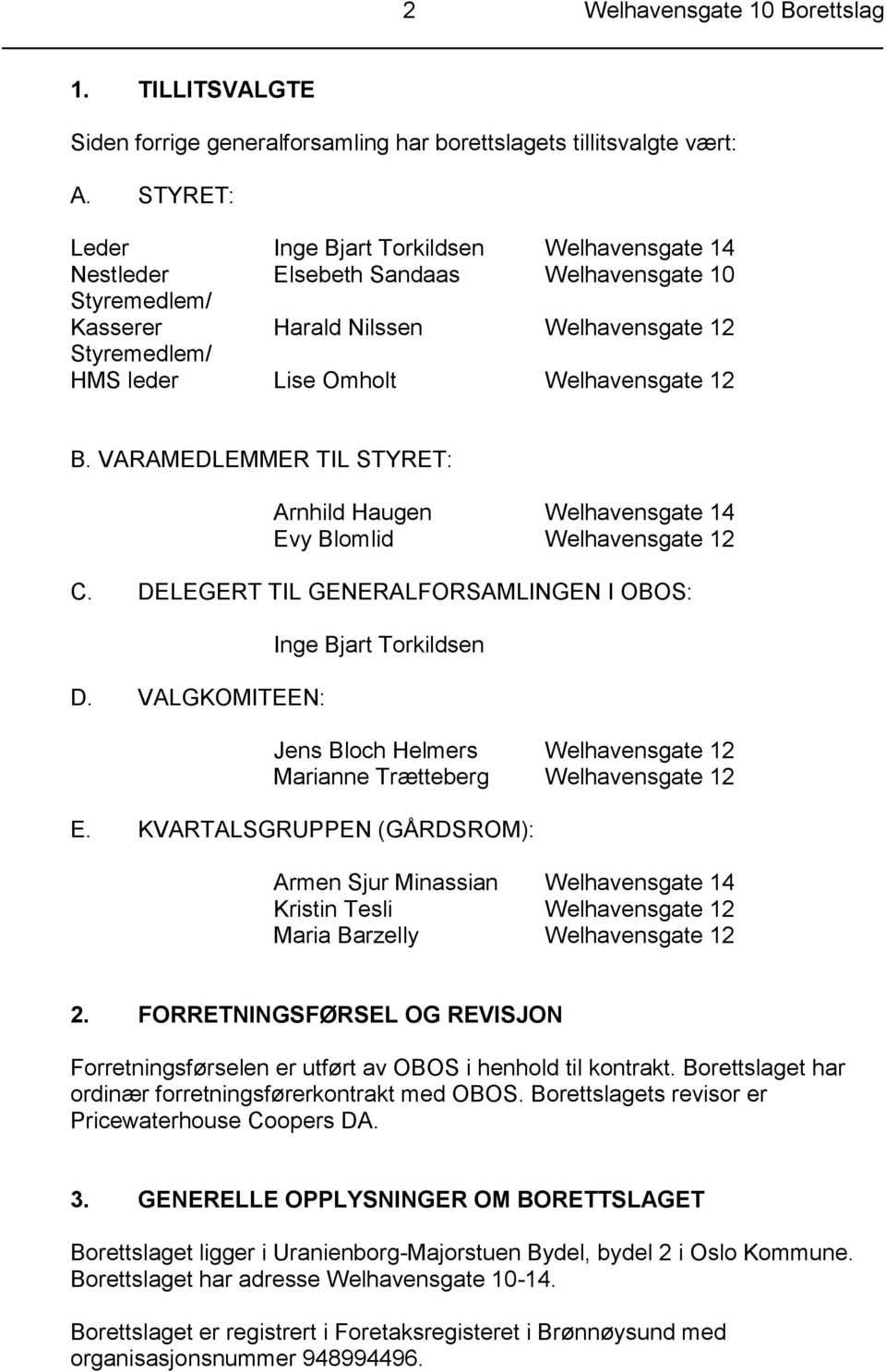 12 B. VARAMEDLEMMER TIL STYRET: Arnhild Haugen Welhavensgate 14 Evy Blomlid Welhavensgate 12 C. DELEGERT TIL GENERALFORSAMLINGEN I OBOS: D.