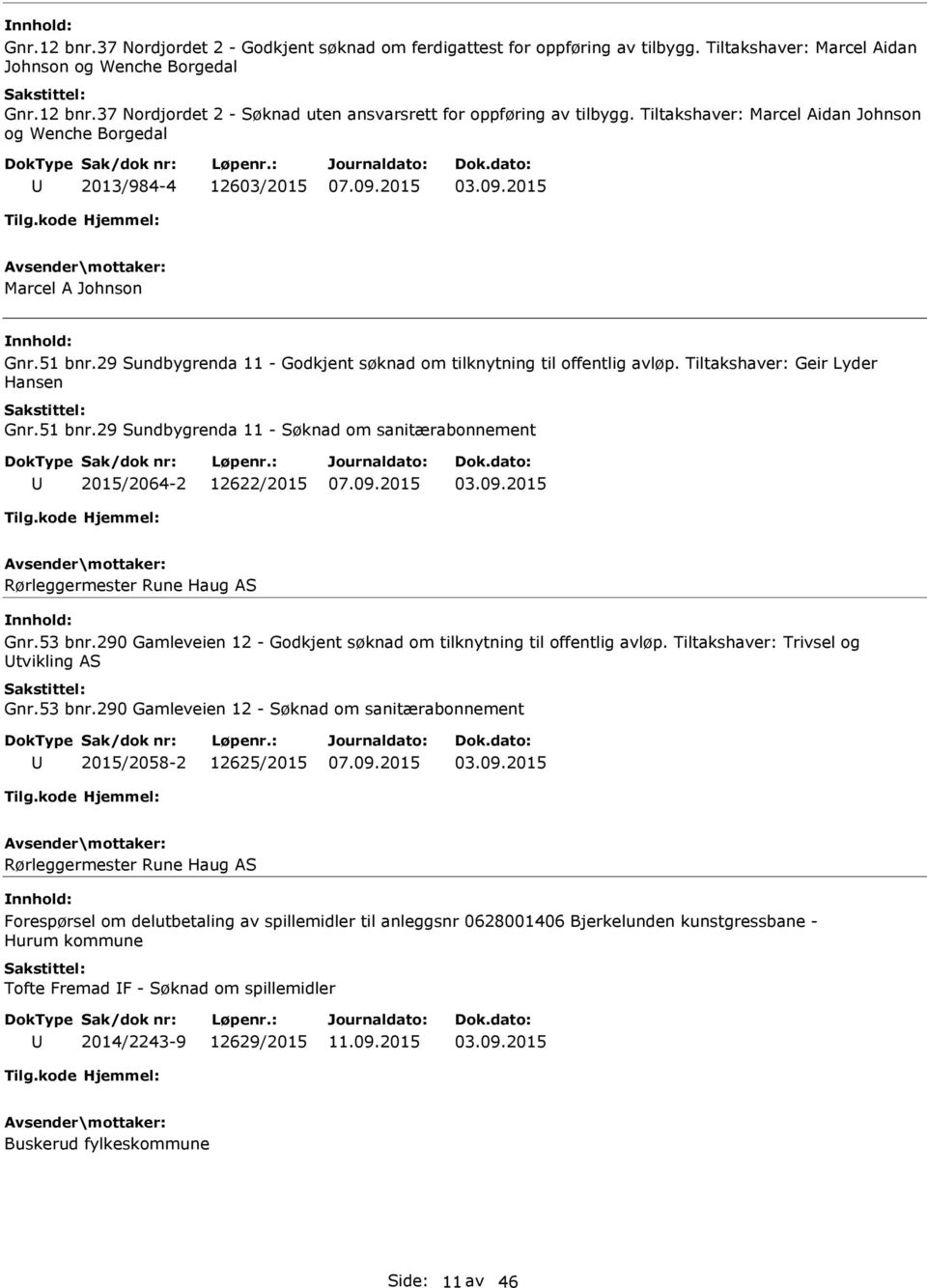 Tiltakshaver: Geir Lyder Hansen Gnr.51 bnr.29 Sundbygrenda 11 - Søknad om sanitærabonnement 2015/2064-2 12622/2015 03.09.2015 Rørleggermester Rune Haug AS Gnr.53 bnr.