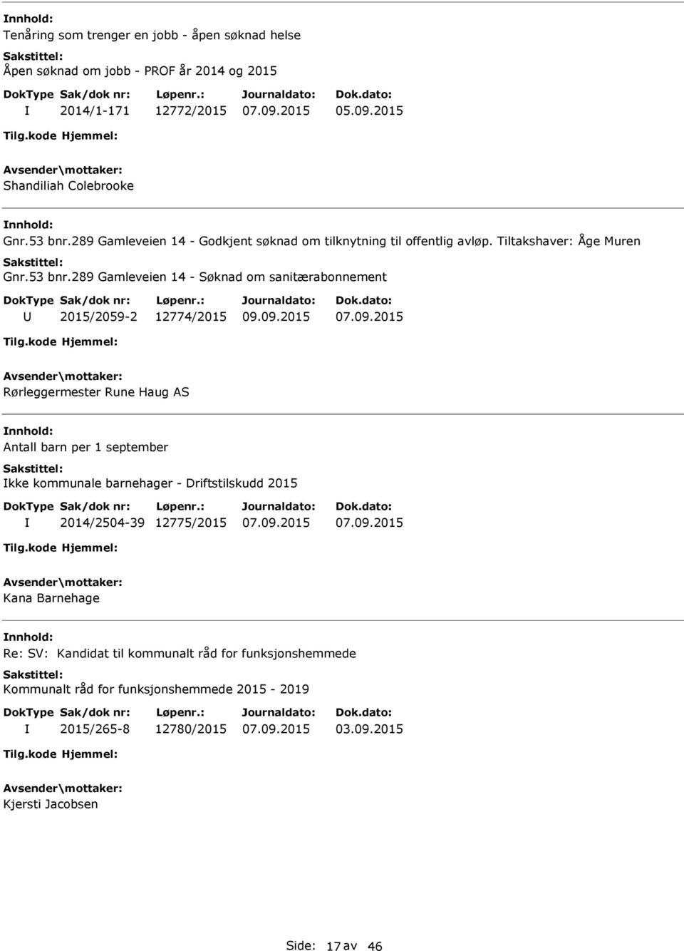 289 Gamleveien 14 - Søknad om sanitærabonnement 2015/2059-2 12774/2015 Rørleggermester Rune Haug AS Antall barn per 1 september kke kommunale barnehager -