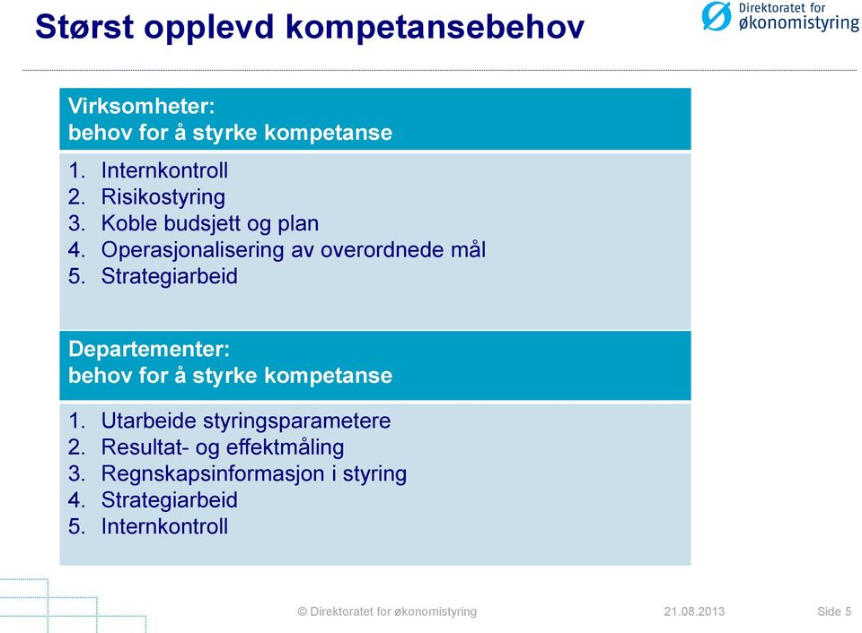 Strategiarbeid Departementer: behov for å styrke kompetanse 1. Utarbeide styringsparametere 2.