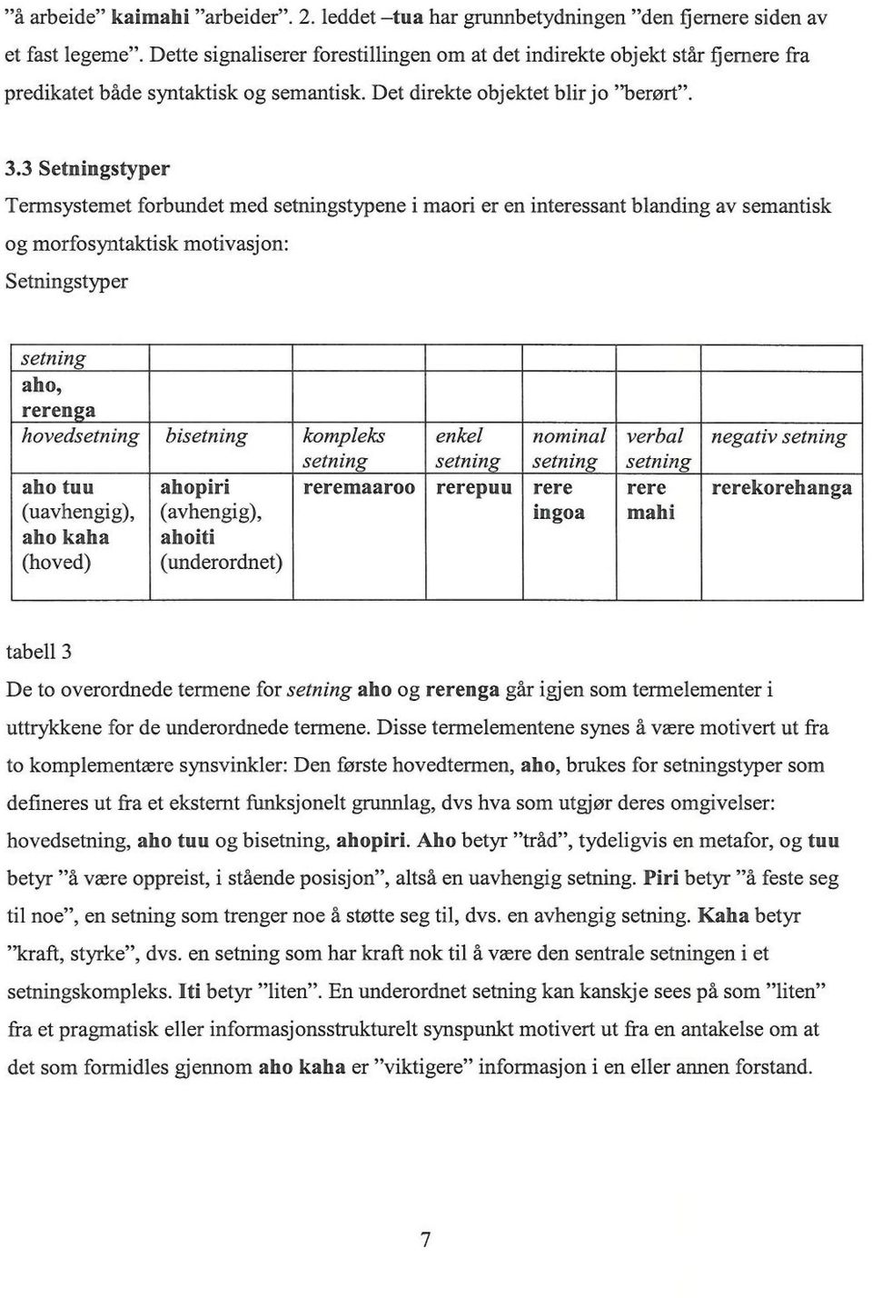 3 Setningstyper Termsystemet forbundet med setningstypene i maori er en interessant blanding av semantisk og morfosyntaktisk motivasjon: Setningstyper setning reren ga hovedsetning ahotuu