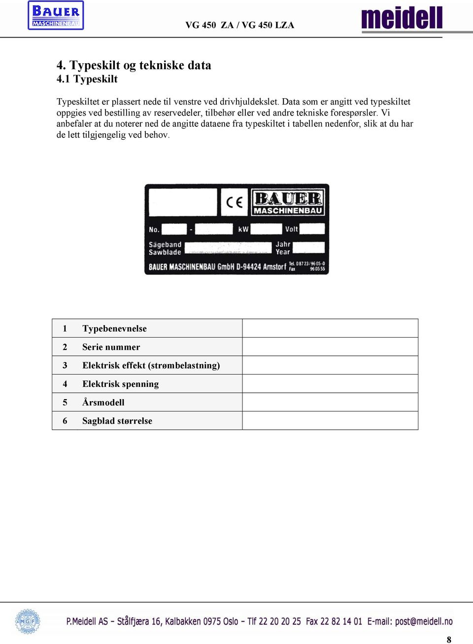 Vi anbefaler at du noterer ned de angitte dataene fra typeskiltet i tabellen nedenfor, slik at du har de lett