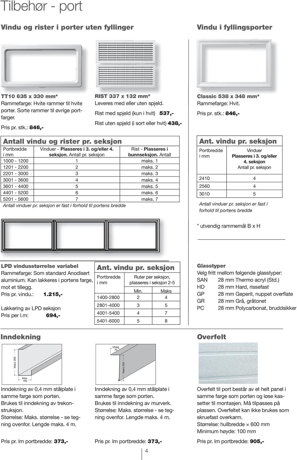 : 846,- Antall vindu og rister pr. seksjon Portbredde i mm Vinduer - Plasseres i 3. og/eller 4. seksjon. Antall pr. seksjon Rist - Plasseres i bunnseksjon. Antall 1000-1200 1 maks. 1 1201-2200 2 maks.