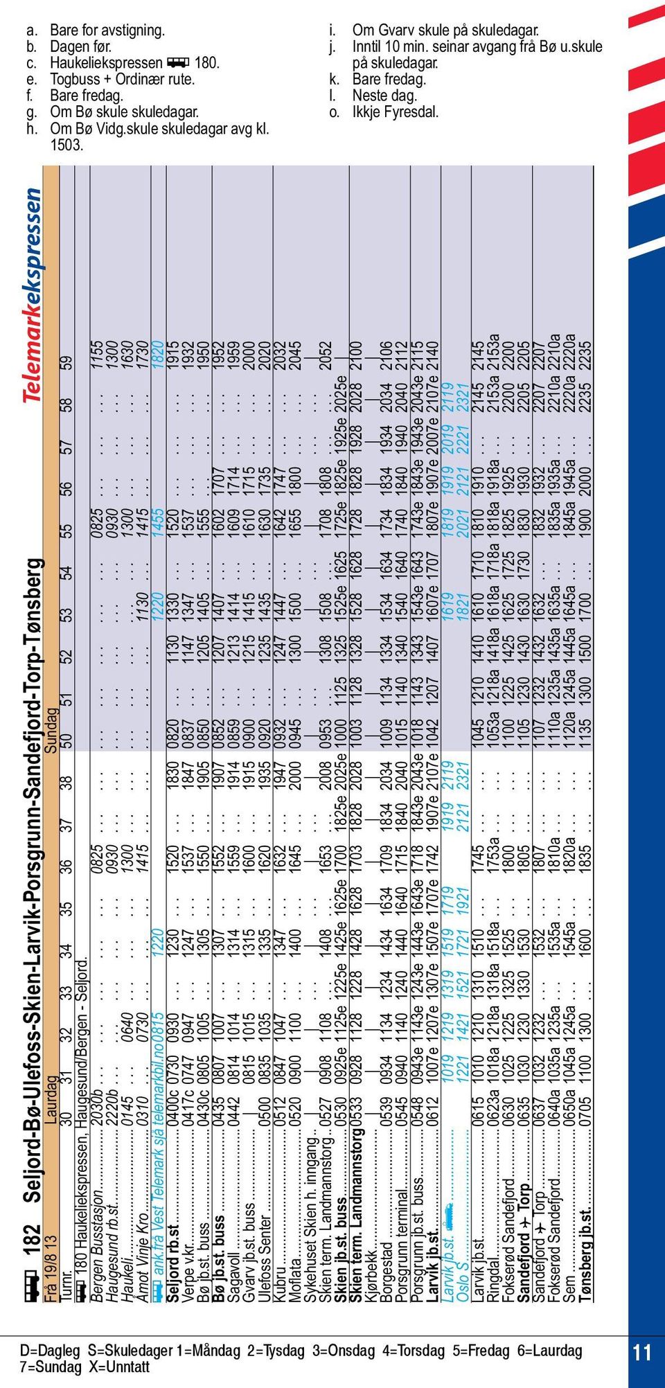 .. ÿ 182 Seljord-Bø-Ulefoss-Skien-Larvik-Porsgrunn-Sandefjord-Torp-Tønsberg Telemarkekspressen Frå 19/8 13 Laurdag...... Sundag Turnr.