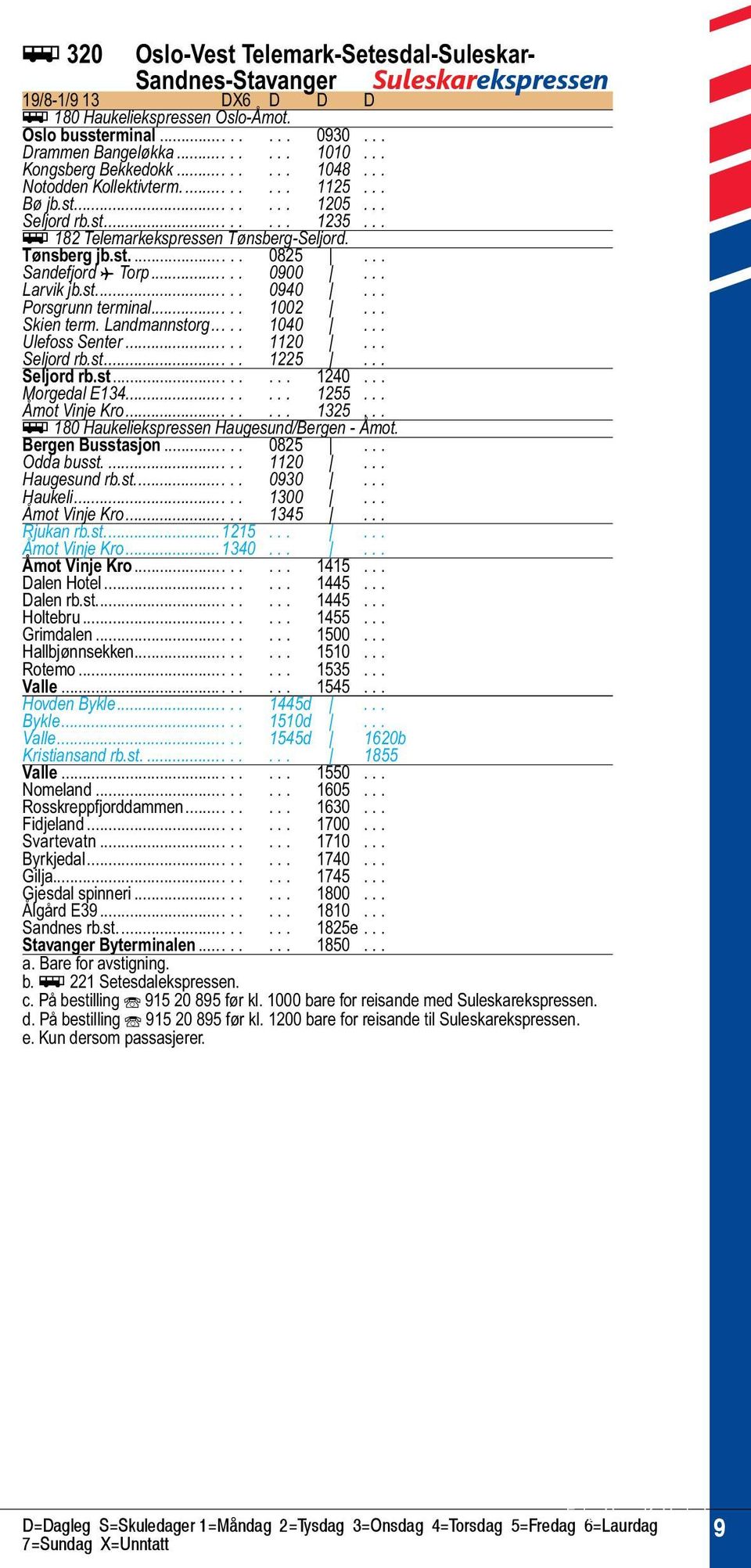 .. Sandefjord ƒ Torp..... 0900... Larvik jb.st..... 0940... Porsgrunn terminal..... 1002... Skien term. Landmannstorg..... 1040... Ulefoss Senter..... 1120... Seljord rb.st..... 1225... Seljord rb.st........ 1240.