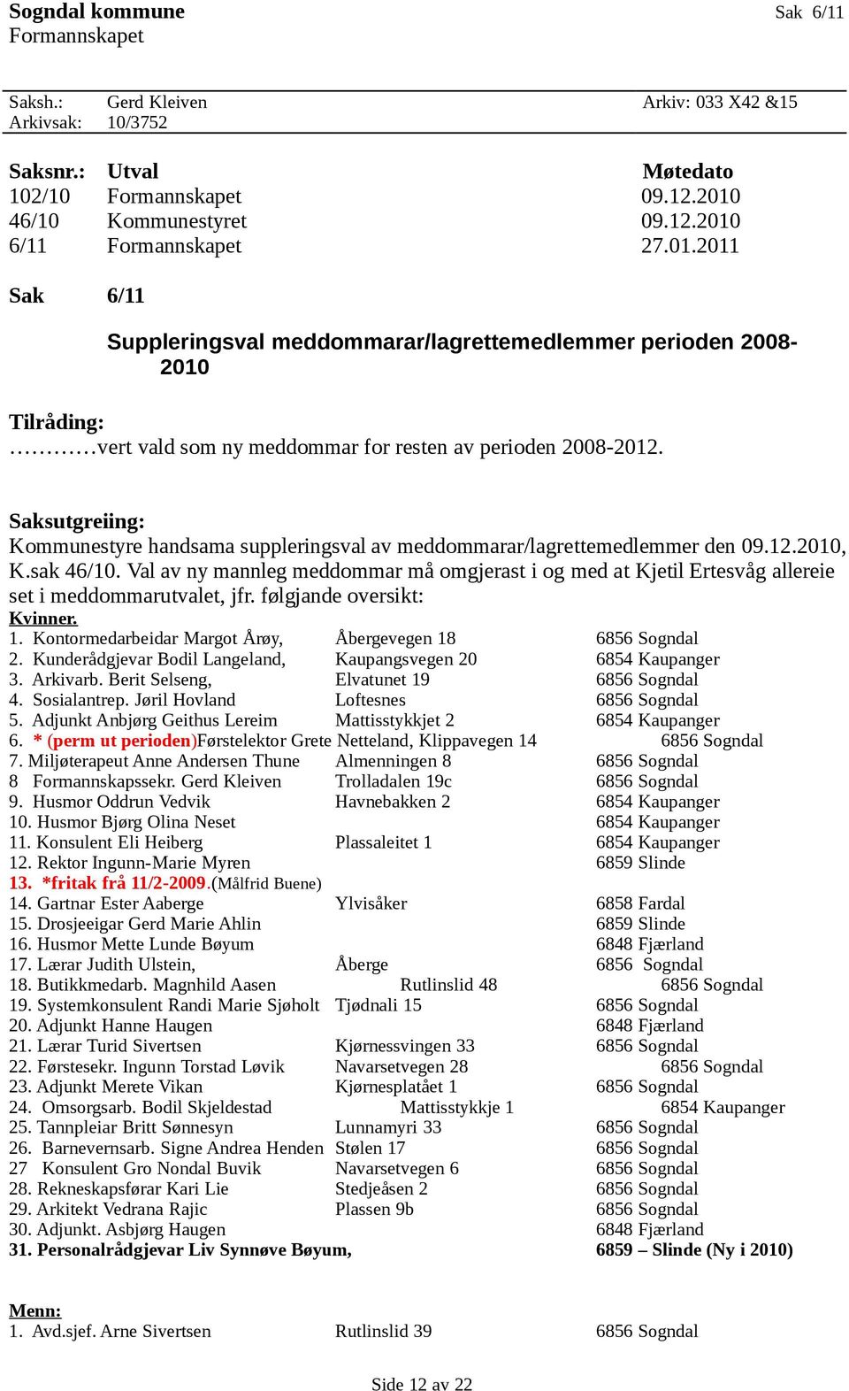 Saksutgreiing: Kommunestyre handsama suppleringsval av meddommarar/lagrettemedlemmer den 09.12.2010, K.sak 46/10.