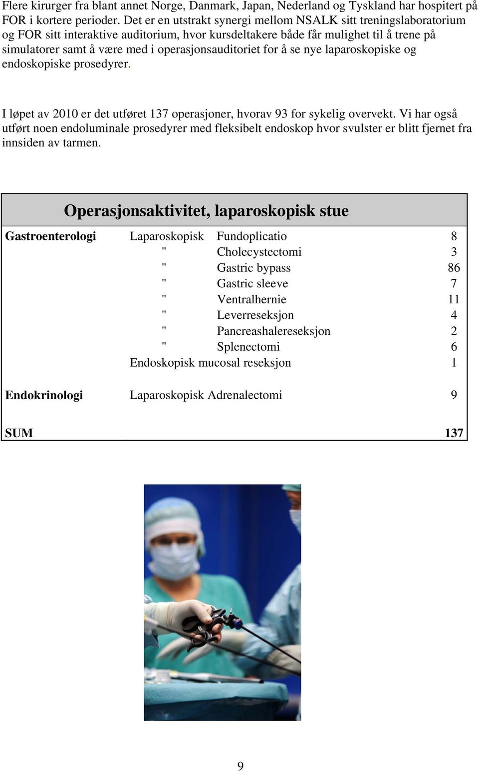 operasjonsauditoriet for å se nye laparoskopiske og endoskopiske prosedyrer. I løpet av 2010 er det utføret 137 operasjoner, hvorav 93 for sykelig overvekt.