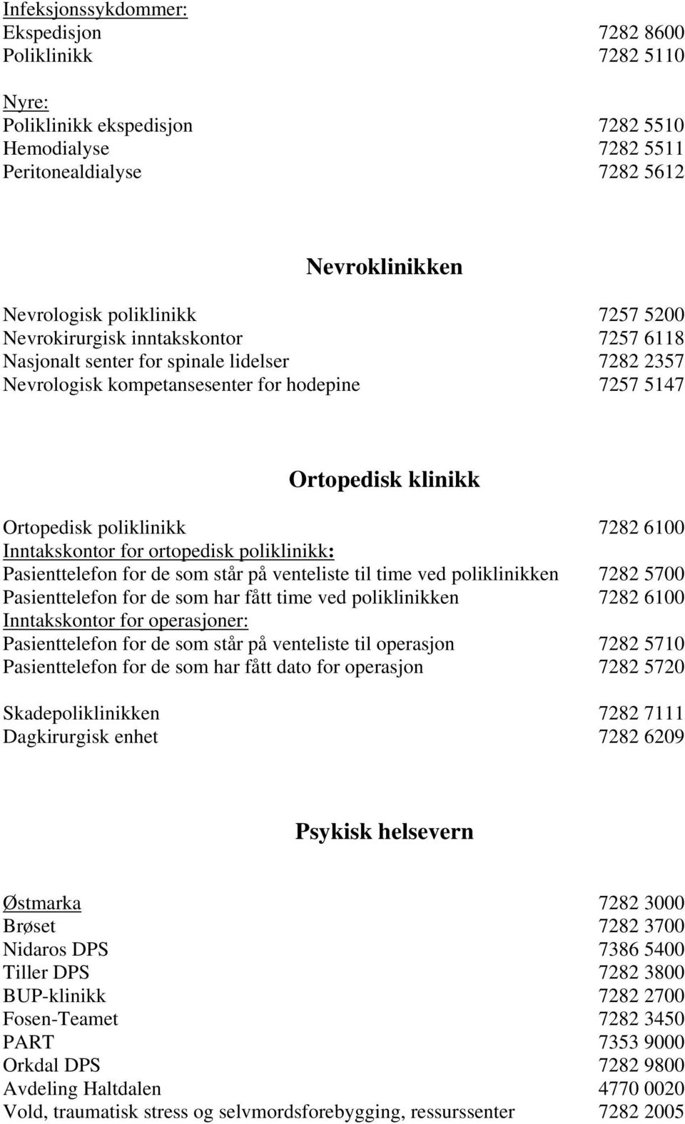 Inntakskontor for ortopedisk poliklinikk: Pasienttelefon for de som står på venteliste til time ved poliklinikken 7282 5700 Pasienttelefon for de som har fått time ved poliklinikken 7282 6100