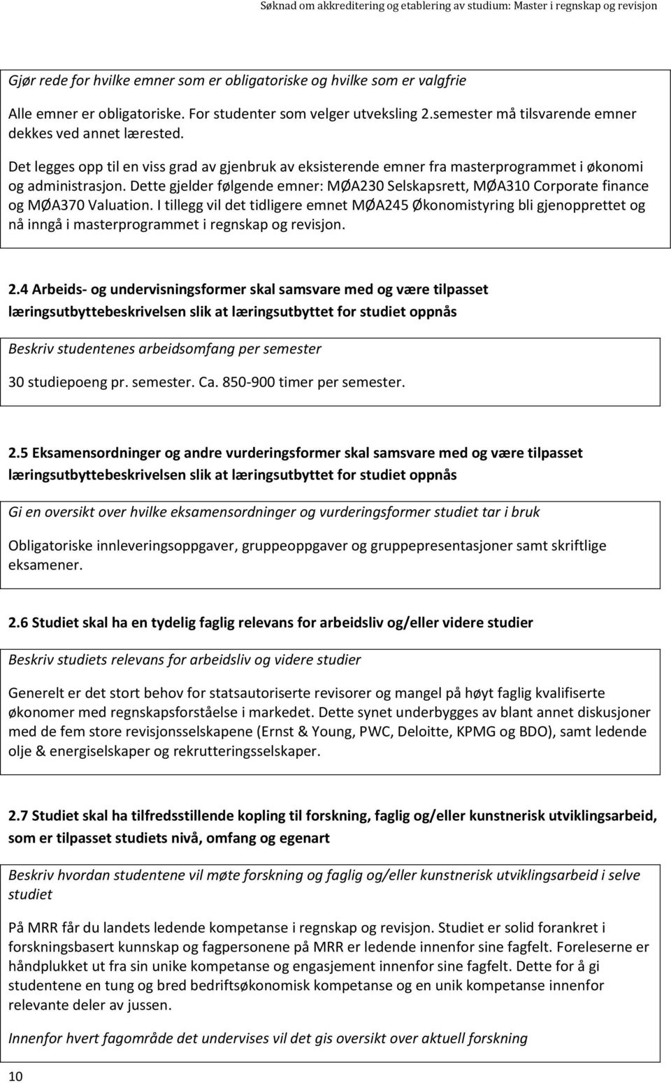 Det legges opp til en viss grad av gjenbruk av eksisterende emner fra masterprogrammet i økonomi og administrasjon.